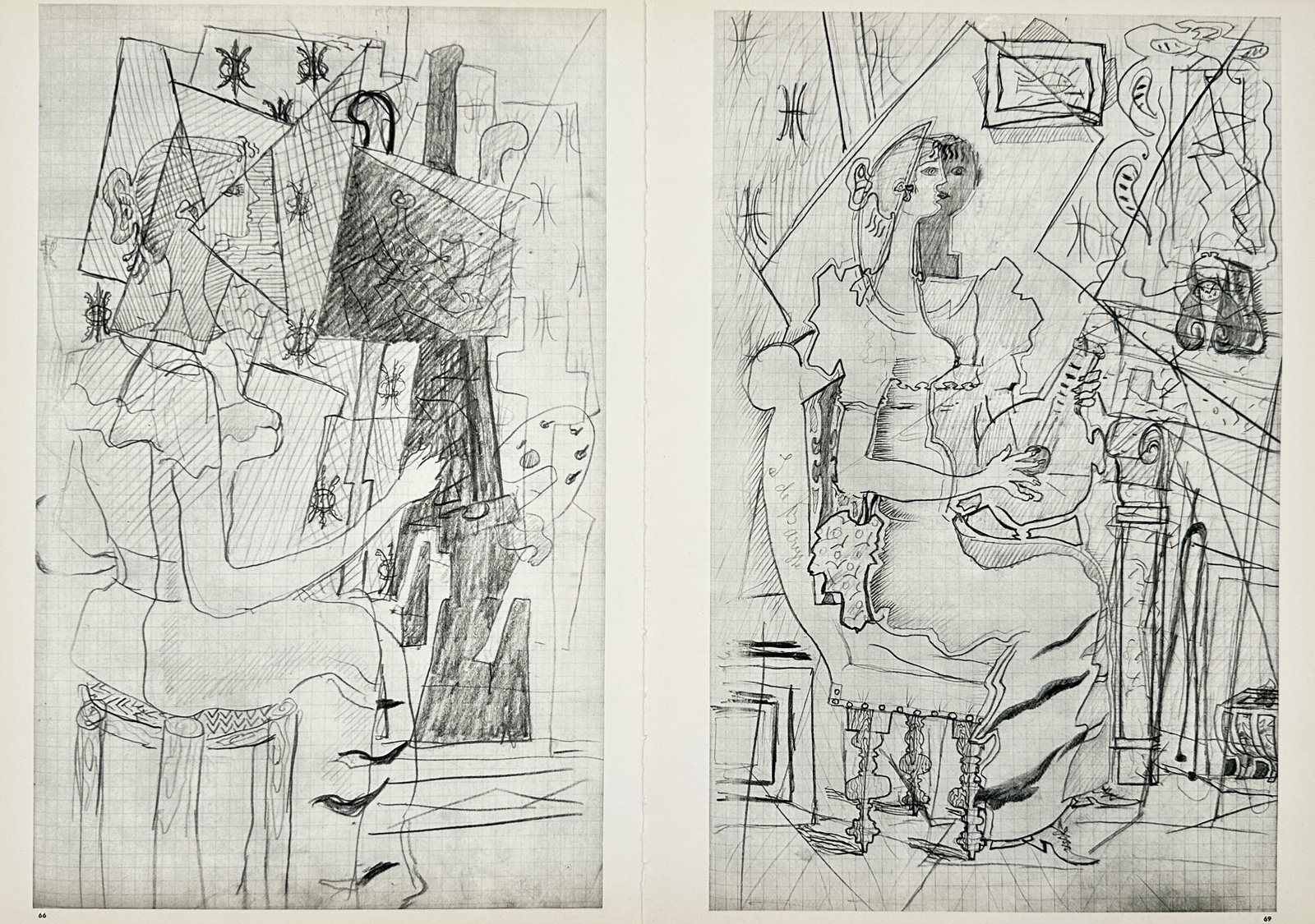 Georges Braque (1882–1963), after – Two Studio Studies: The Artist and The Lute Player: "The Intimate Sketchbooks of G. Braque." These two plates capture Georges Braque’s late-career exploration of the studio interior, featuring a woman at an easel (left) and a lute player (right). The