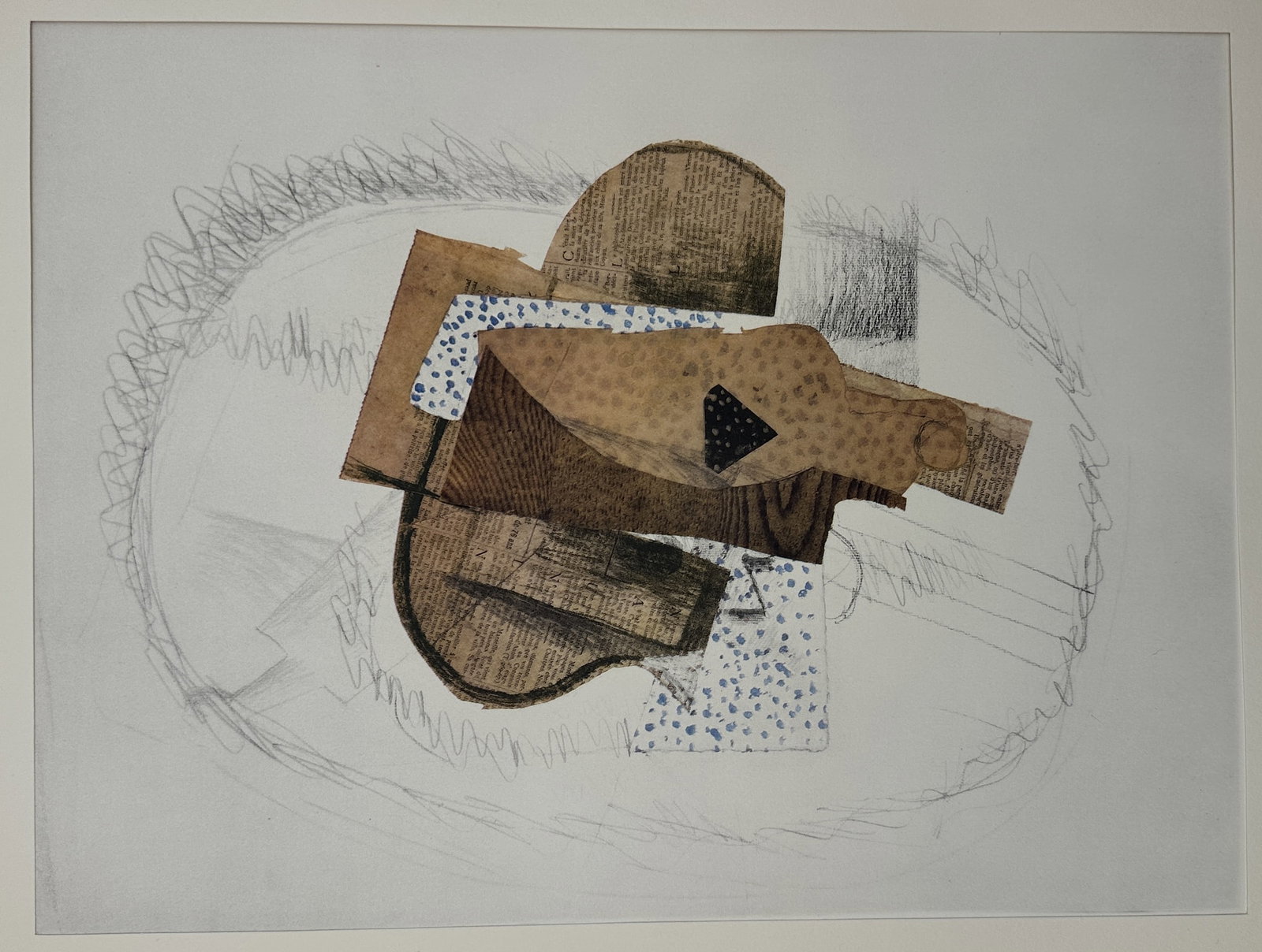 Georges Braque (1882–1963), after – Still Life with Bottle of Bass – Offset print (20th: "Still Life with Bottle of Bass." This offset print replicates a synthetic cubist study, featuring a central arrangement of overlapping forms that simulate pasted papers, wood grain textures, and news