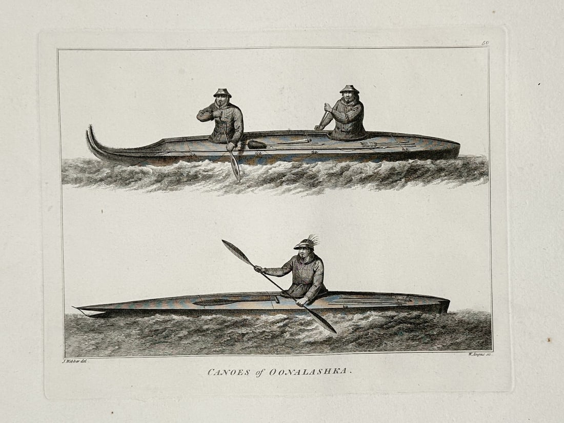 John Webber (1751–1793) – Study of the Canoes of Oonalashka: "Canoes of Oonalashka." This hand-coloured copperplate engraving illustrates the traditional skin-covered watercraft, known as iqyax or baidarkas, used by the Unangan people of Unalaska in the Aleutia