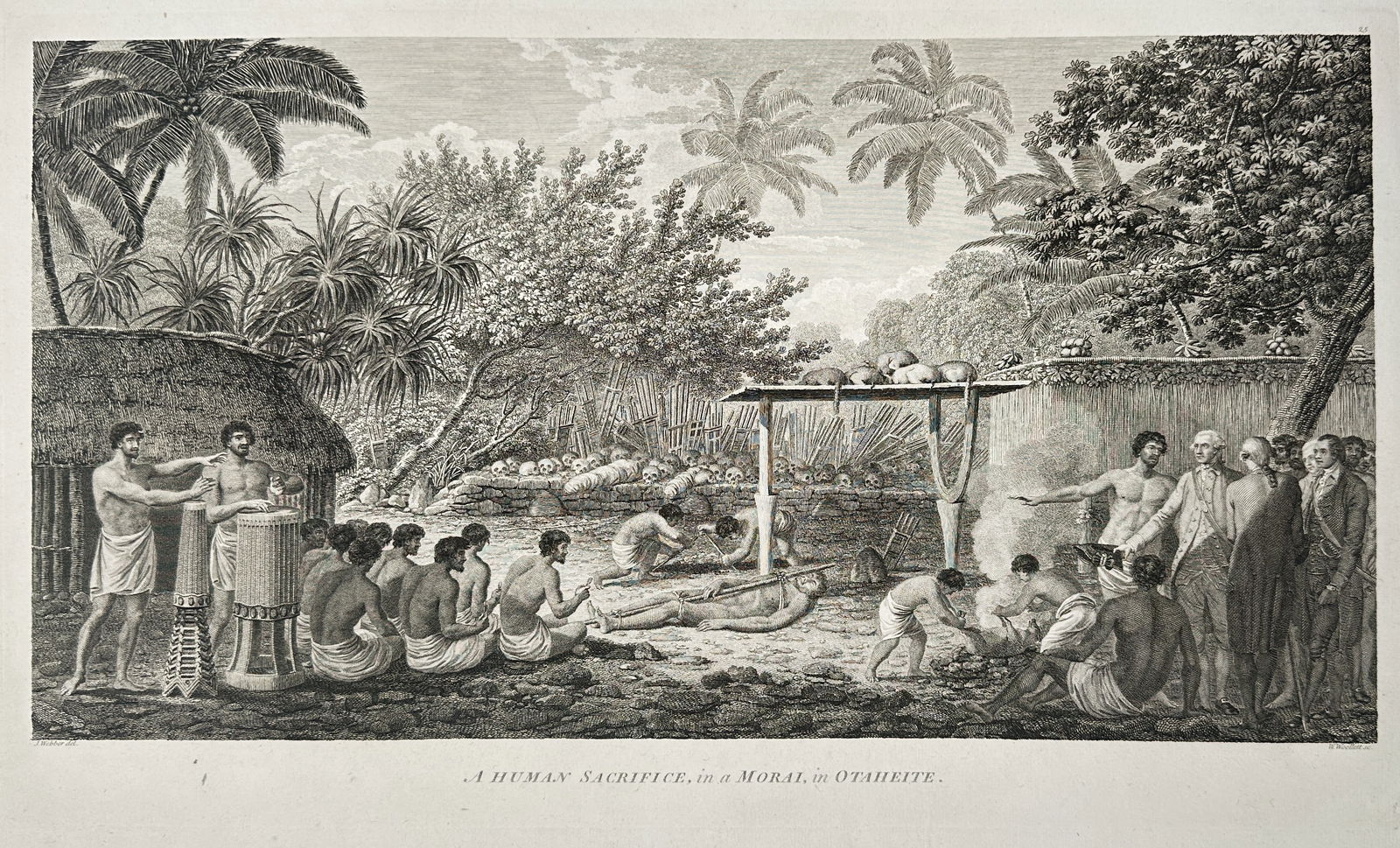 John Webber (1751–1793) – A Human Sacrifice, in a Morai, in Otaheite – Copperplate engraving: "A Human Sacrifice, in a Morai, in Otaheite." This copperplate engraving provides a complex ethnographic record of a religious ceremony witnessed by Captain James Cook and his officers at a marae (sac