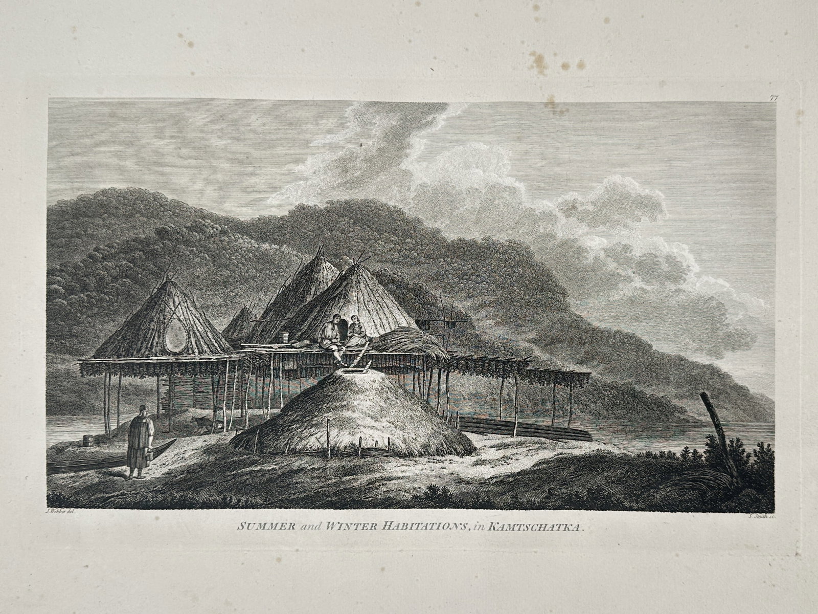 John Webber (1751–1793) – Summer and Winter Habitations, in Kamtschatka: "Summer and Winter Habitations, in Kamtschatka." This copperplate engraving illustrates the seasonal architectural adaptations of the Itelmen or Kamchadal people of the Kamchatka Peninsula. The compos