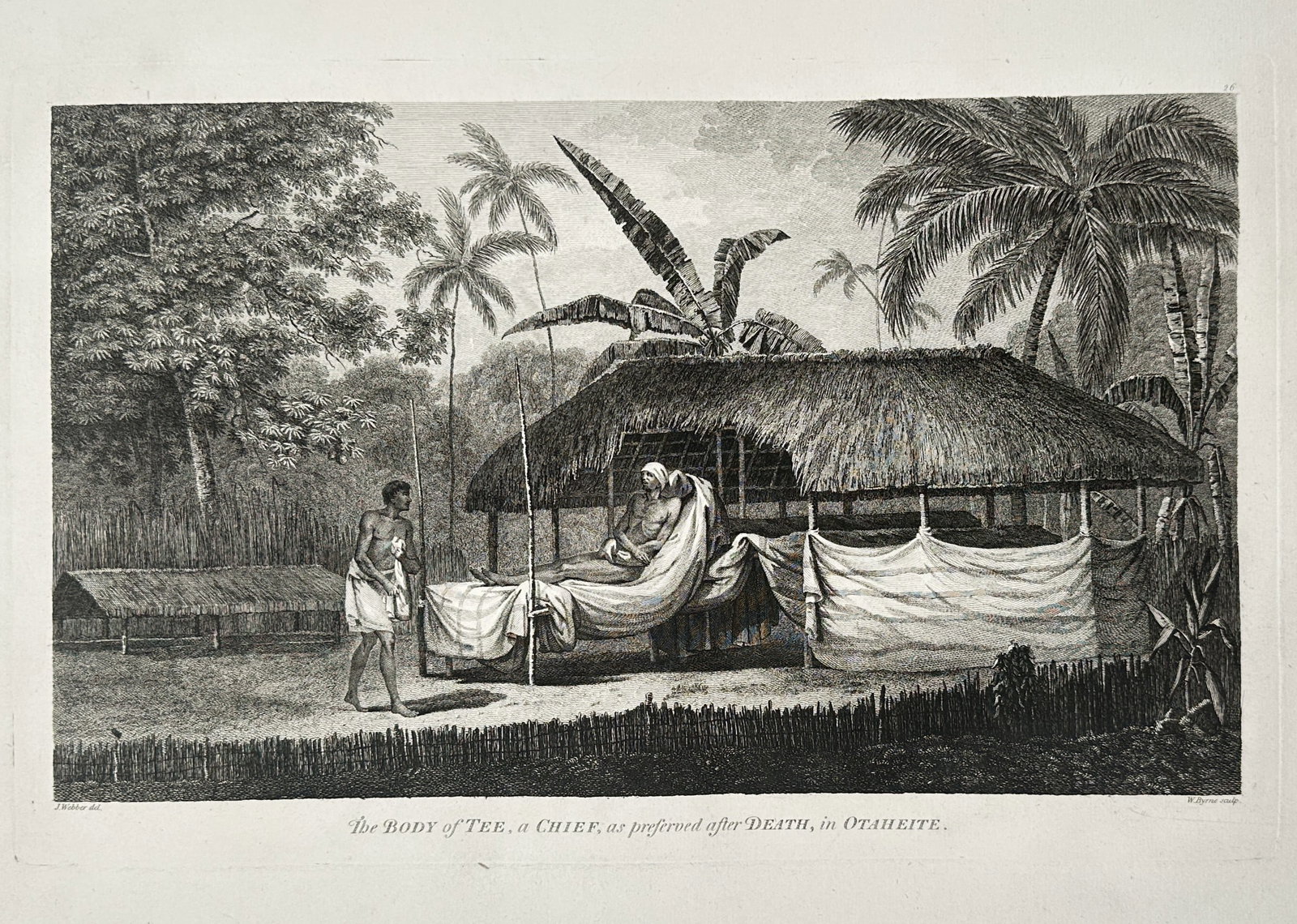 John Webber (1751–1793) – The Body of Tee, a Chief, as preserved after Death, in Otaheite: "The Body of Tee, a Chief, as preserved after Death, in Otaheite." This copperplate engraving documents the traditional Tahitian funerary practice of dessication and preservation of high-ranking indiv