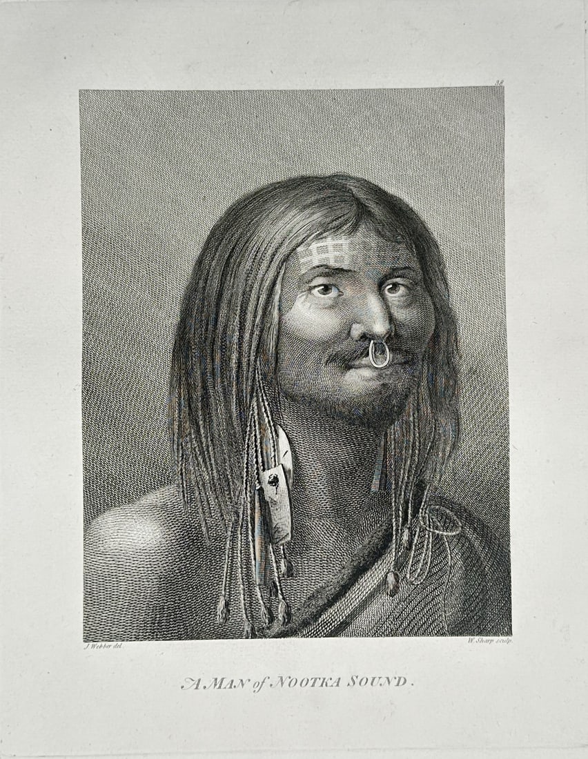 John Webber (1751–1793) – A Man of Nootka Sound – Copperplate engraving (1784): "A Man of Nootka Sound." This copperplate engraving provides a primary ethnographic portrait of an indigenous Mowachaht man from the Nuu-chah-nulth people of Vancouver Island. The subject is depicted