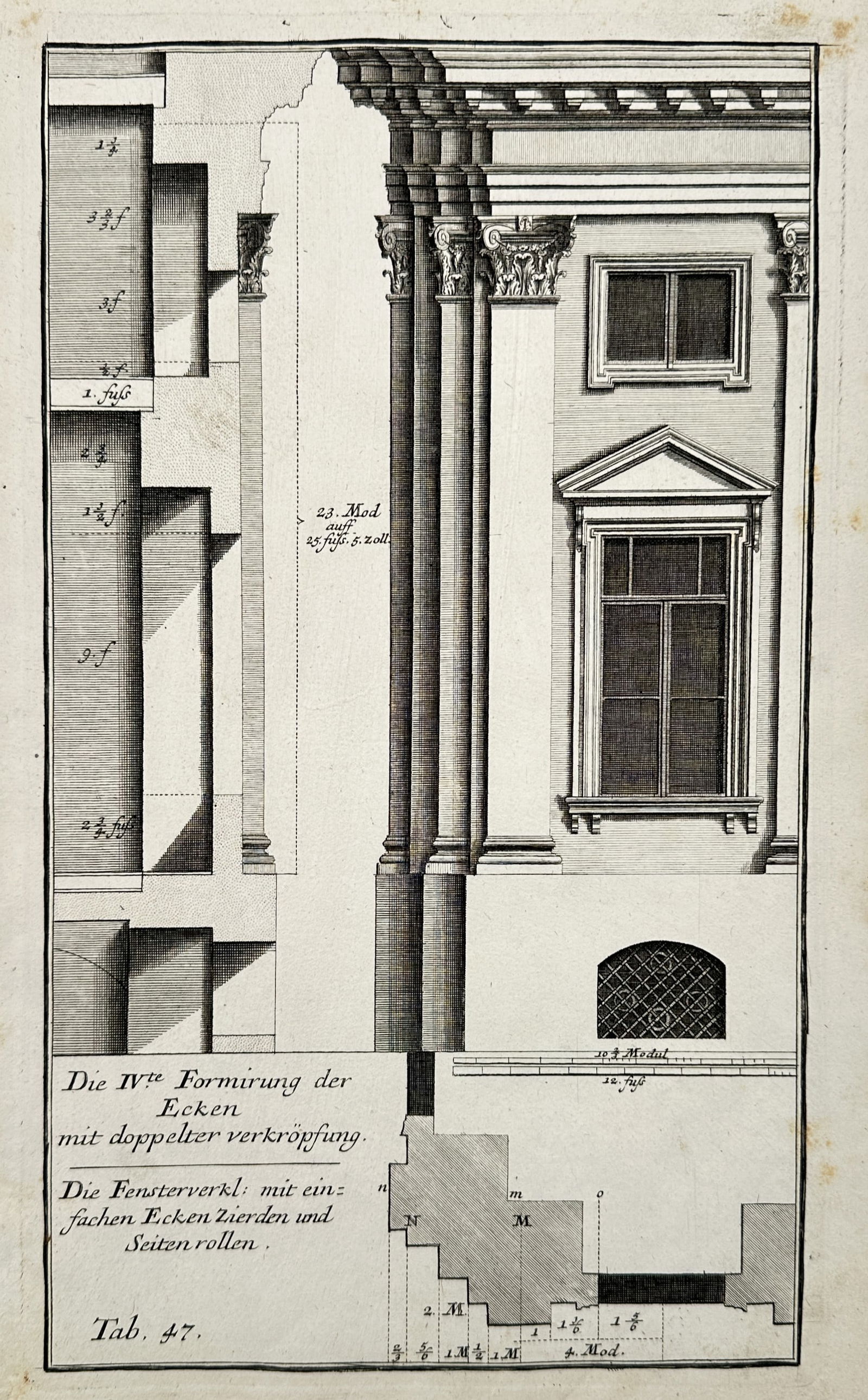 Leonhard Christoph Sturm (1669–1719) – Architectural Elevation of an Exterior Corner with: "Die IVte Formirung der Ecken mit doppelter verkropfung". This technical architectural engraving illustrates a sophisticated corner treatment for a Baroque edifice, featuring a cluster of Corinthian c