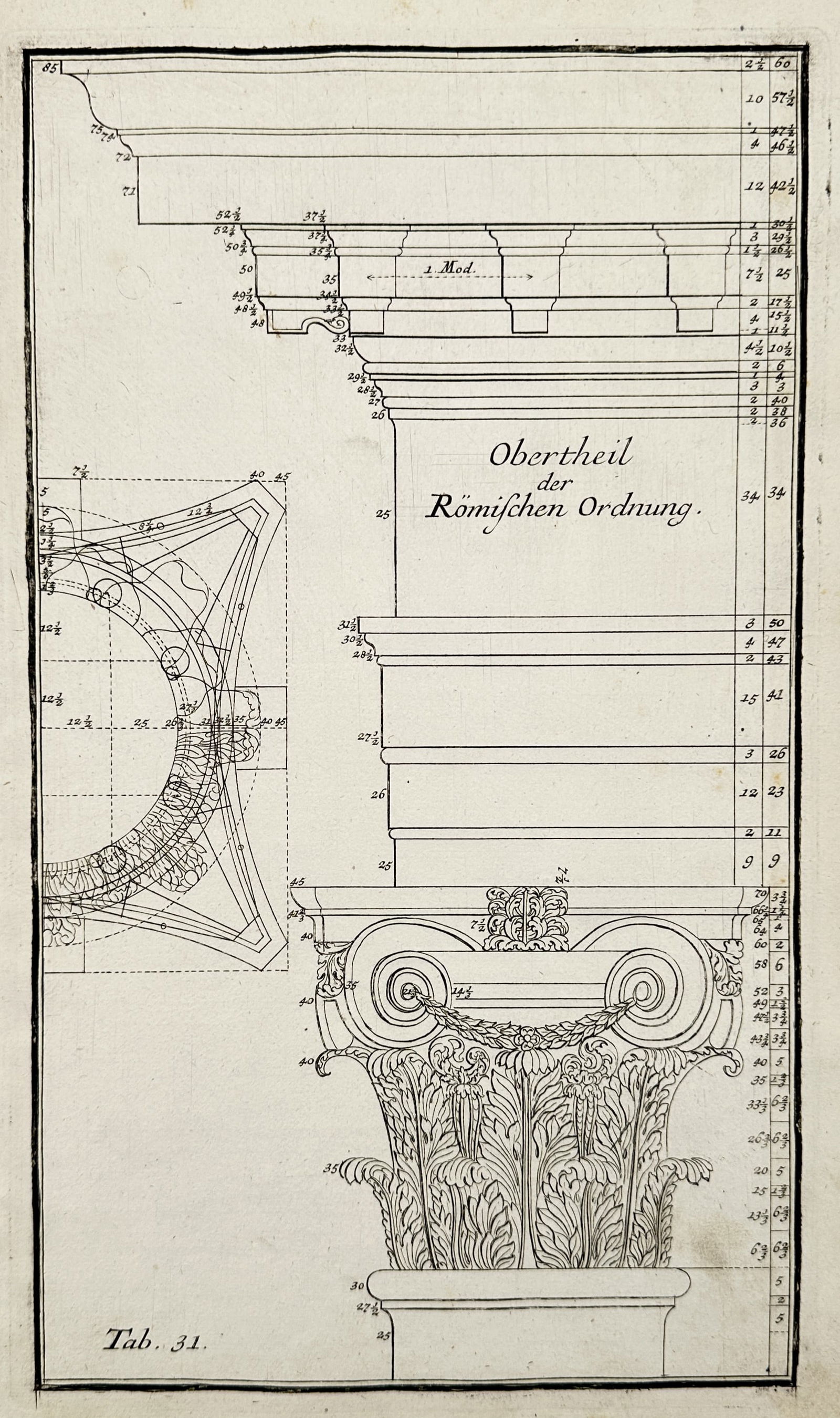 Leonhard Christoph Sturm (1669–1719) – Architectural Study of the Composite Order Entablature: "Obertheil der Römischen Ordnung". This technical architectural engraving provides a meticulous study of the upper portion of the Roman Composite order, showcasing a richly decorated capital adorned