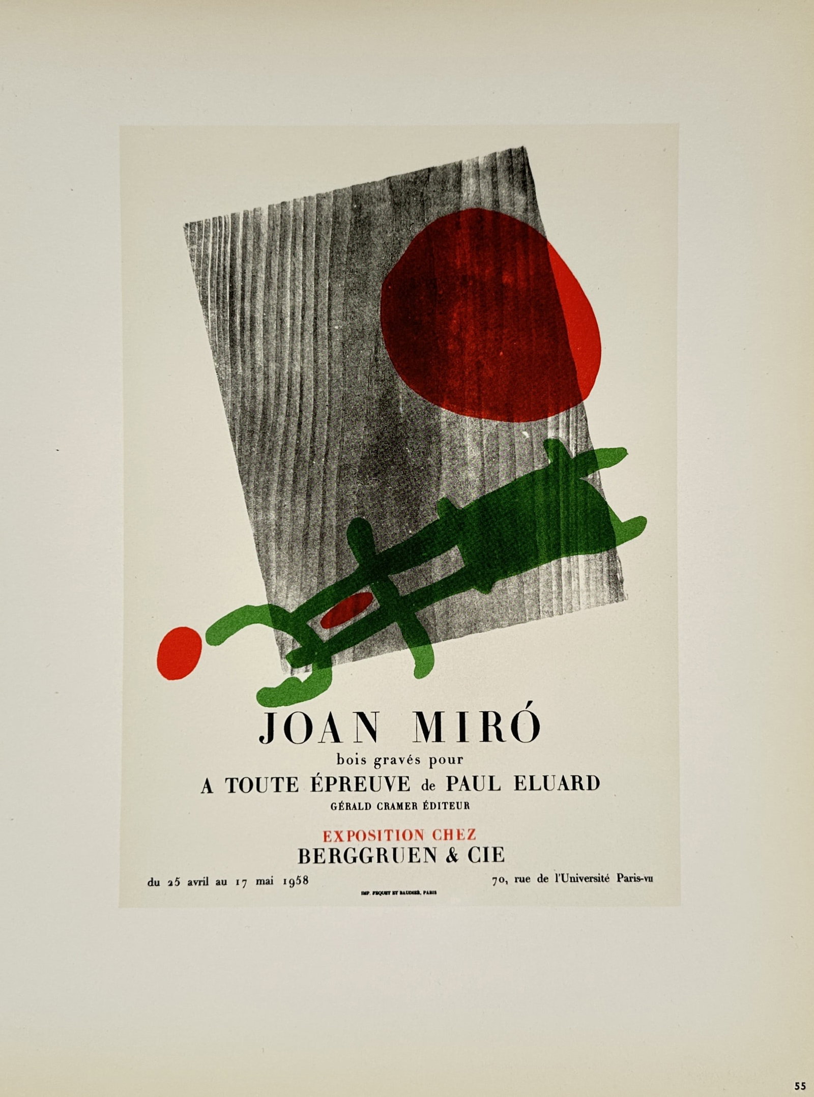 Joan Miro (1893–1983),after – Exhibition Poster for Berggruen and Cie – Lithograph (1959): "Joan Miro bois graves pour A Toute Epreuve de Paul Eluard." This lithographic exhibition poster features a composition of abstract red and green shapes overlaid onto a textured gray woodgrain backgro