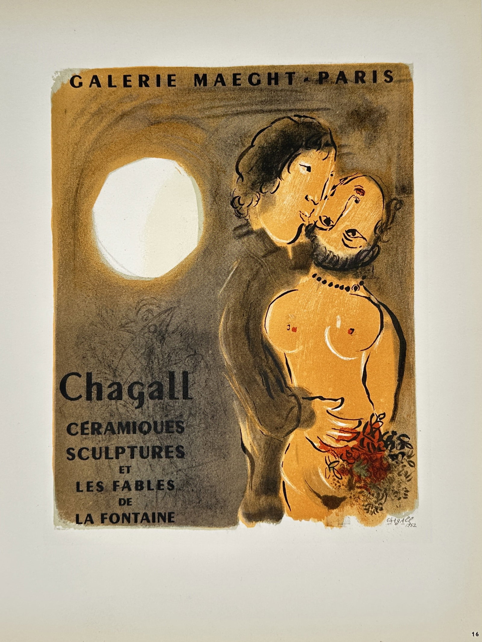 Marc Chagall (1887-1985),after – Exhibition Poster for Galerie Maeght Paris – Lithograph (1959): "Chagall Ceramiques Sculptures et les Fables de la Fontaine." This lithographic exhibition poster features a romantic embrace between two figures, with the woman holding a bouquet of flowers, set agai