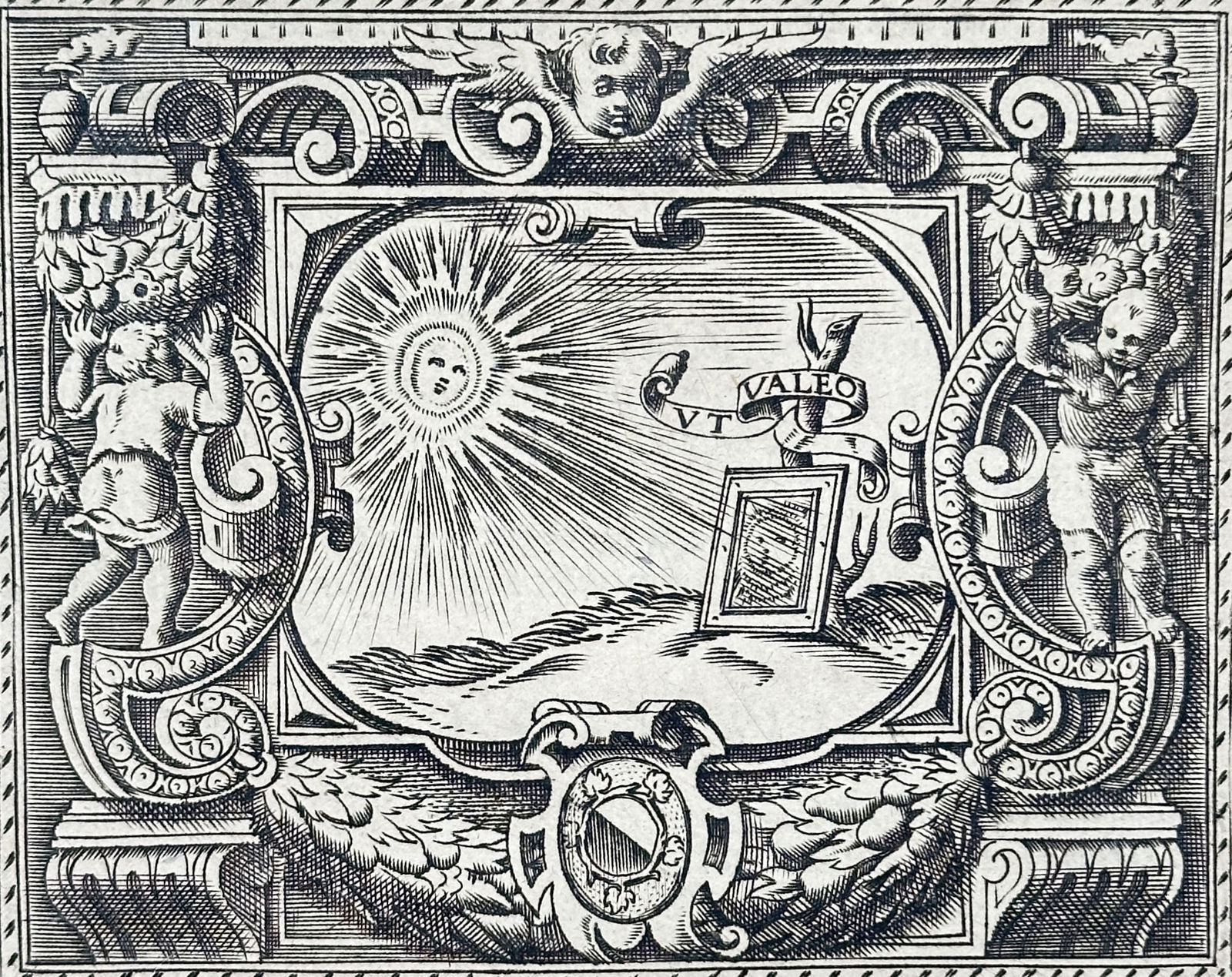 Girolamo Ruscelli (1500–1566) – Emblem of Bernardo Nani – Engraving (1566): "Bernardo Nani". This work features a complex heraldic and allegorical emblem contained within a decorative cartouche. The central scene depicts a mirror reflecting the rays of a radiant sun, accompan
