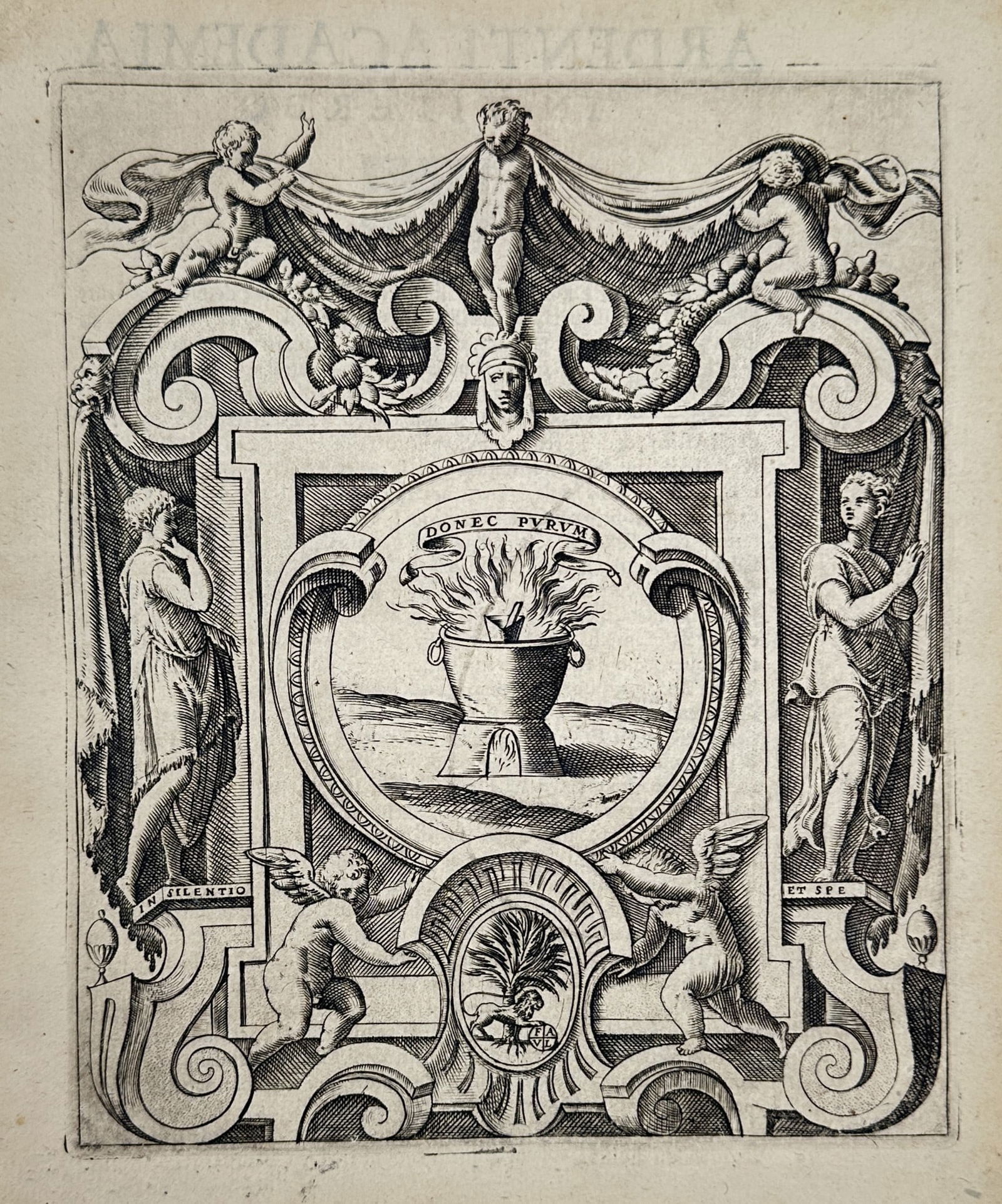 Girolamo Ruscelli (1500–1566) – Emblem of the Ardent Academy – Engraving (1566): "Ardenti Academia". This work depicts the collective emblem of the Accademia degli Ardenti, a literary and philosophical society. The central motif shows a vessel over a fire with a scroll bearing the