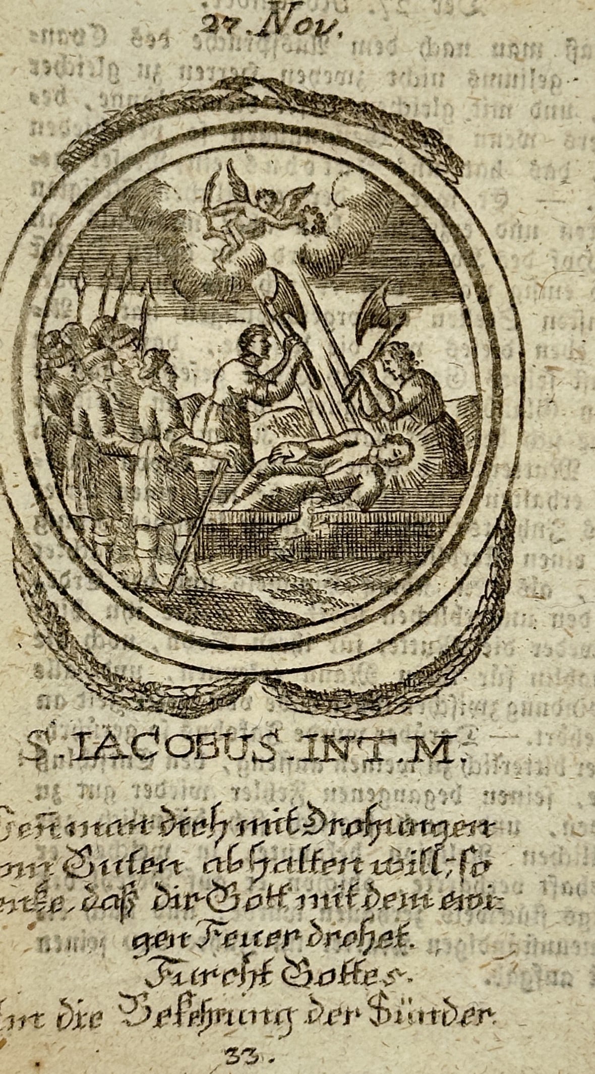 Franz Xavier Weninger (1805–1888) – The Martyrdom of Saint James Intercisus – Engraving: "S. Iacobus Int. M.". This devotional work illustrates the martyrdom of Saint James Intercisus, a 5th-century Persian saint. The central oval vignette depicts the saint undergoing dismemberment by exe