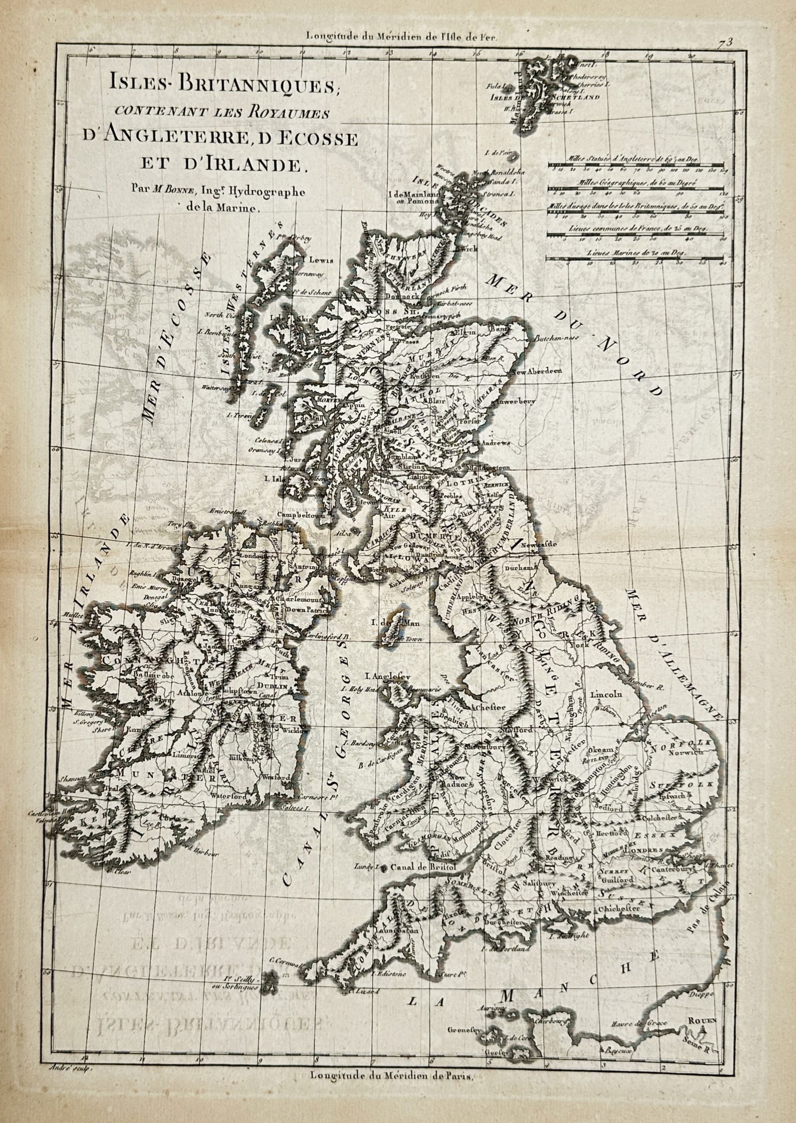 Rigobert Bonne (1727–1794) – Map of the British Isles – United Kingdom – Engraving: "Isles-Britanniques, Contenant les Royaumes d'Angleterre, d'Ecosse et d'Irlande". This geographical map delineates the kingdoms of England, Scotland, and Ireland during the late eighteenth century. Th