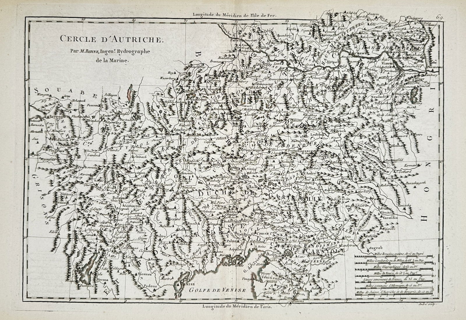 Rigobert Bonne (1727–1794) – Map of the Circle of Austria – Austria – Engraving: "Cercle d'Autriche". This geographical map details the administrative and territorial divisions of the Austrian Circle within the Holy Roman Empire. The engraving illustrates the Alpine topography, th