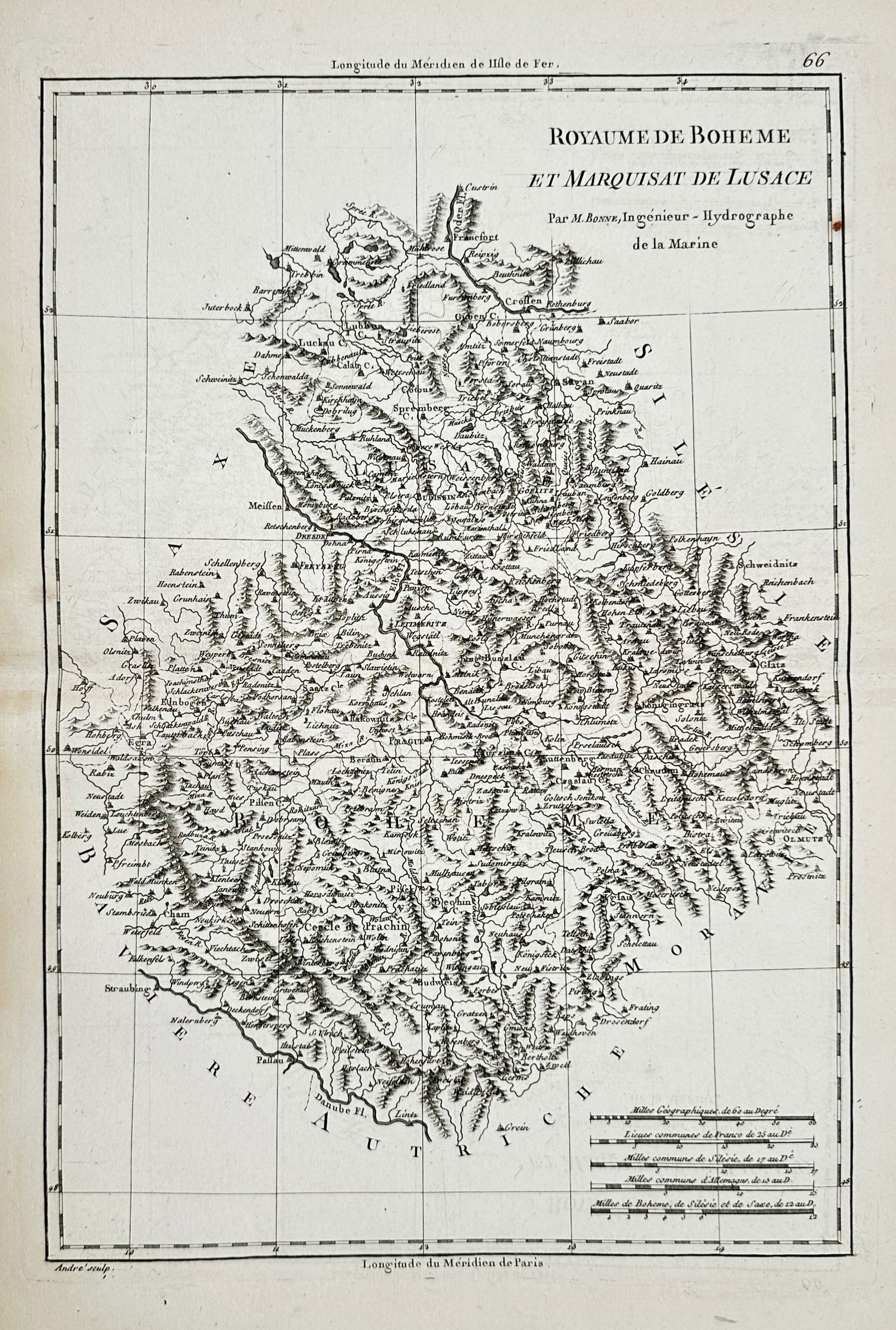 Rigobert Bonne (1727–1794) – Map of the Kingdom of Bohemia and the Margraviate of Lusatia: "Royaume de Boheme et Marquisat de Lusace". This geographical map presents the territories of the Kingdom of Bohemia and the Margraviate of Lusatia, bordering Saxony, Silesia, Moravia, and Austria. Th