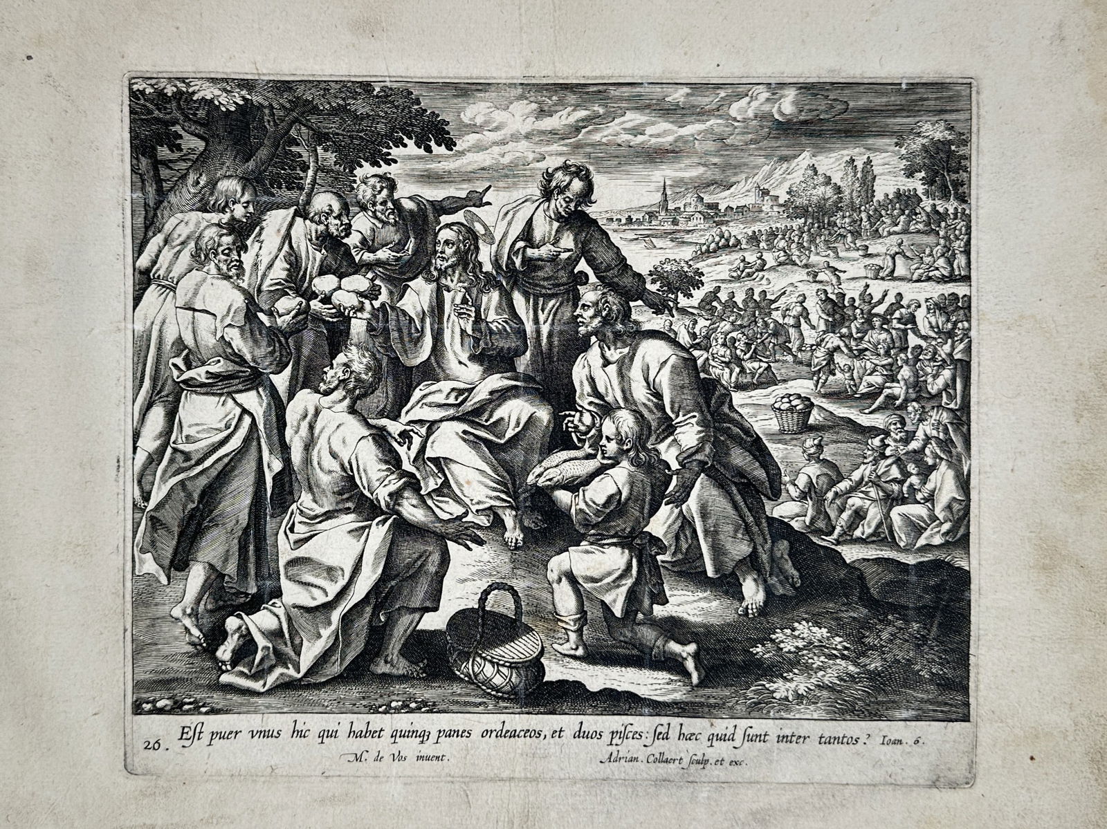 Marten de Vos (1532–1603) – The Feeding of the Five Thousand – Engraving (1585): "Est puer unus hic qui habet quinque panes hordeaceos, et duos pisces". This late sixteenth-century engraving illustrates the miracle of the multiplication of the loaves and fishes as recorded in the