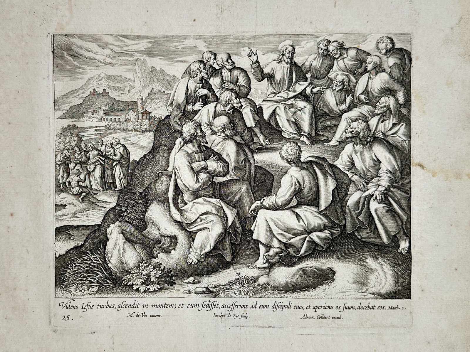 Marten de Vos (1532–1603) – The Sermon on the Mount – Engraving (1585): "Videns Iesus turbas, ascendit in montem; et cum sedisset, accesserunt ad eum discipuli eius". This late sixteenth-century engraving illustrates the opening of the Sermon on the Mount from the Gospel