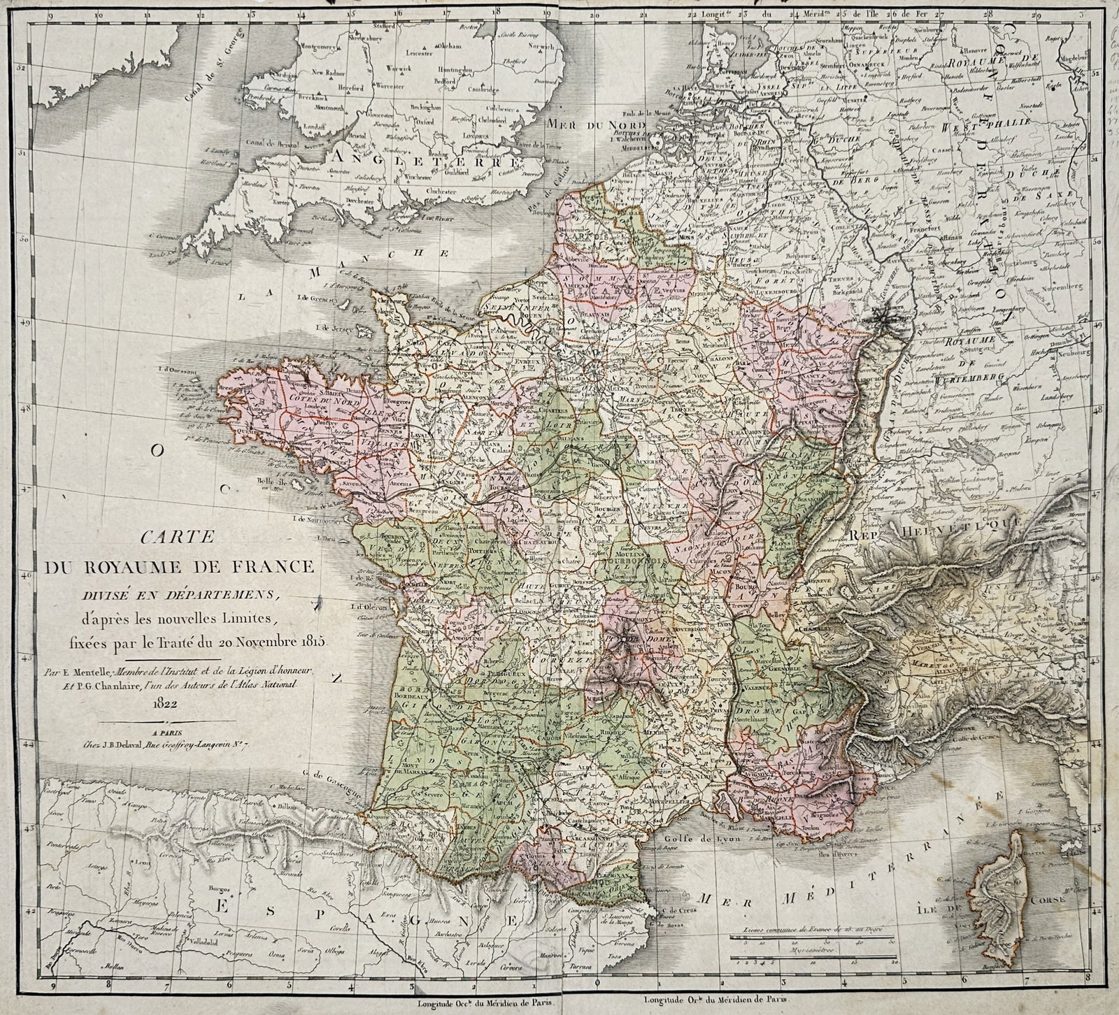 Edme Mentelle (1730–1815) – Map of the Kingdom of France – France – Etching: "Carte du Royaume de France Divisé en Départemens, d'après les nouvelles Limites fixées par le Traité du 20 Novembre 1815." This hand-coloured etching illustrates the administrative and territori