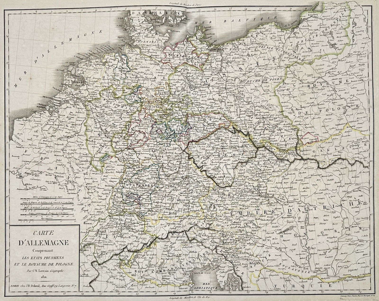 Charles-Victor Monin (Active 19th Century) – Map of Germany, Prussia, and Poland – Central: "Carte d'Allemagne Comprenant les Etats Prussiens et le Royaume de Pologne." This hand-coloured etching illustrates the complex geopolitical landscape of Central Europe following the Congress of Vienn