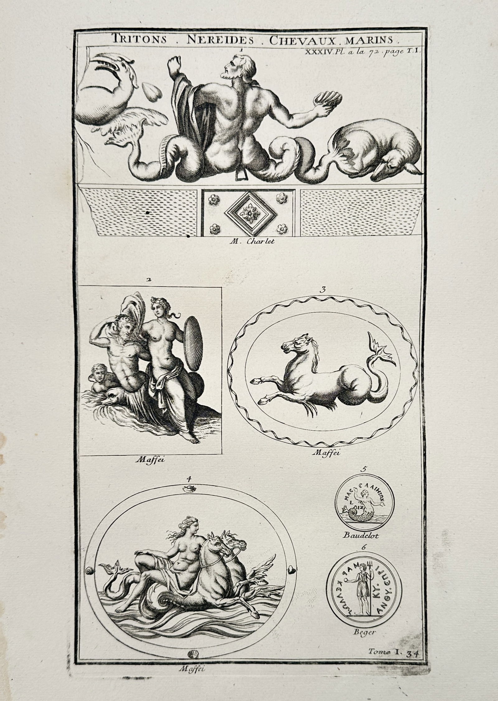 Bernard de Montfaucon (1655–1741) – Study of Tritons, Nereids, and Sea Horses – Engraving: "Tritons. Nereides. Chevaux Marins." This eighteenth-century engraving provides a compendium of classical maritime mythological figures derived from ancient gems, coins, and sculptures. The upper regi