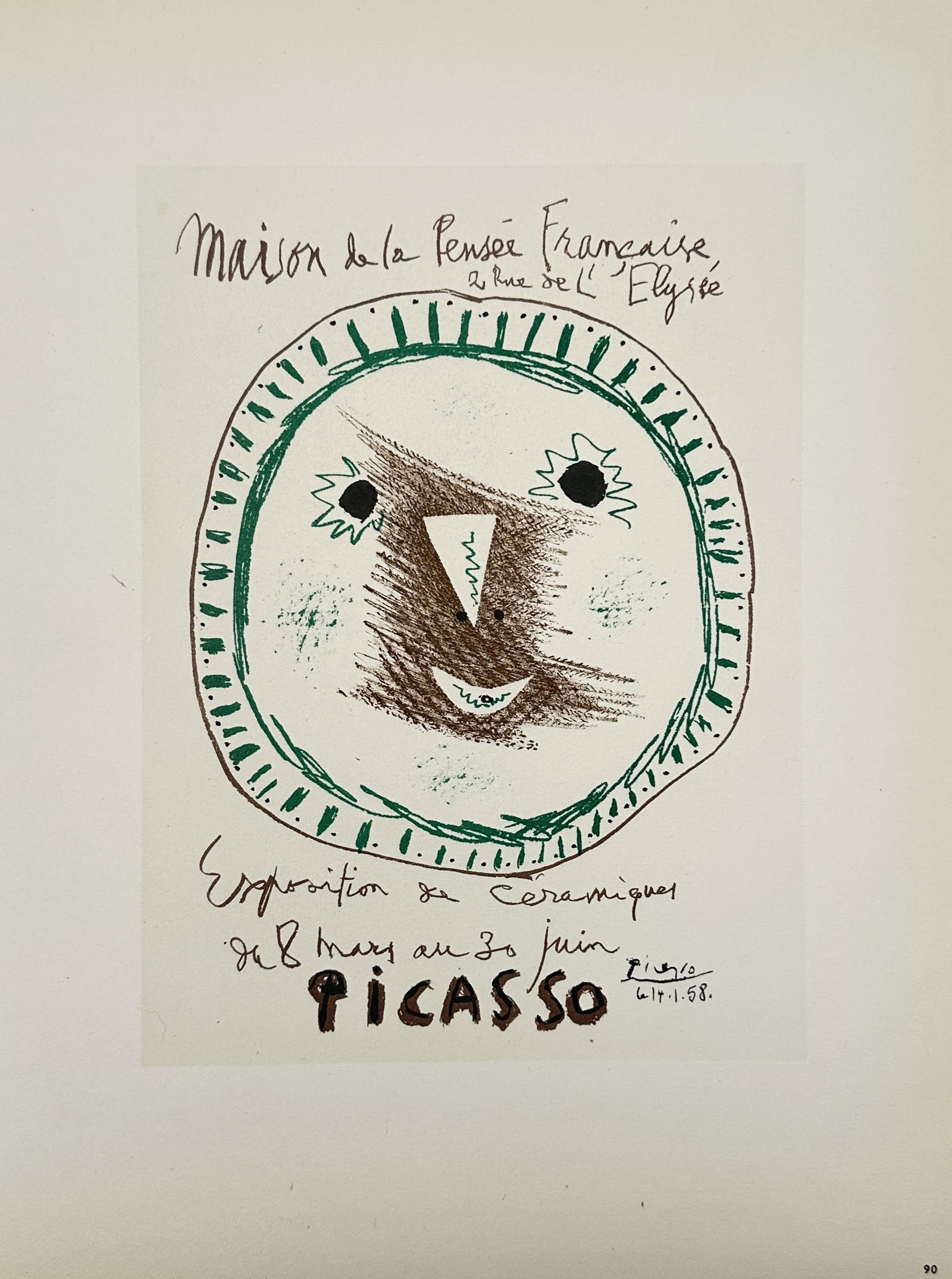 Pablo Picasso, after – Poster for the Ceramic Exhibition at the Maison de la Pensée Française: "Exposition de Ceramiques" This work provides a visual study of a circular, sun-like face with green and brown textural details, characteristic of the artist's ceramic plate designs. The lithograph wa