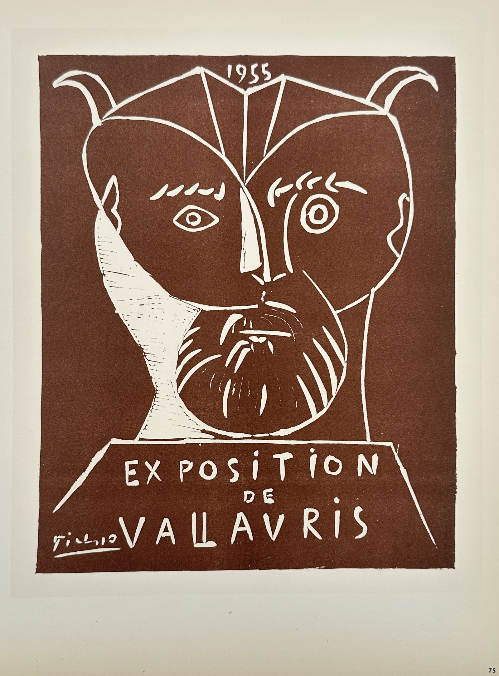 Pablo Picasso (1881–1973), after – Poster for the Vallauris Exhibition – Lithograph (1959): "Exposition de Vallauris" This work provides a visual study of a faun or satyr-like head with a beard and horns, rendered in a bold, terra-cotta brown and white linocut style. The lithograph was publi