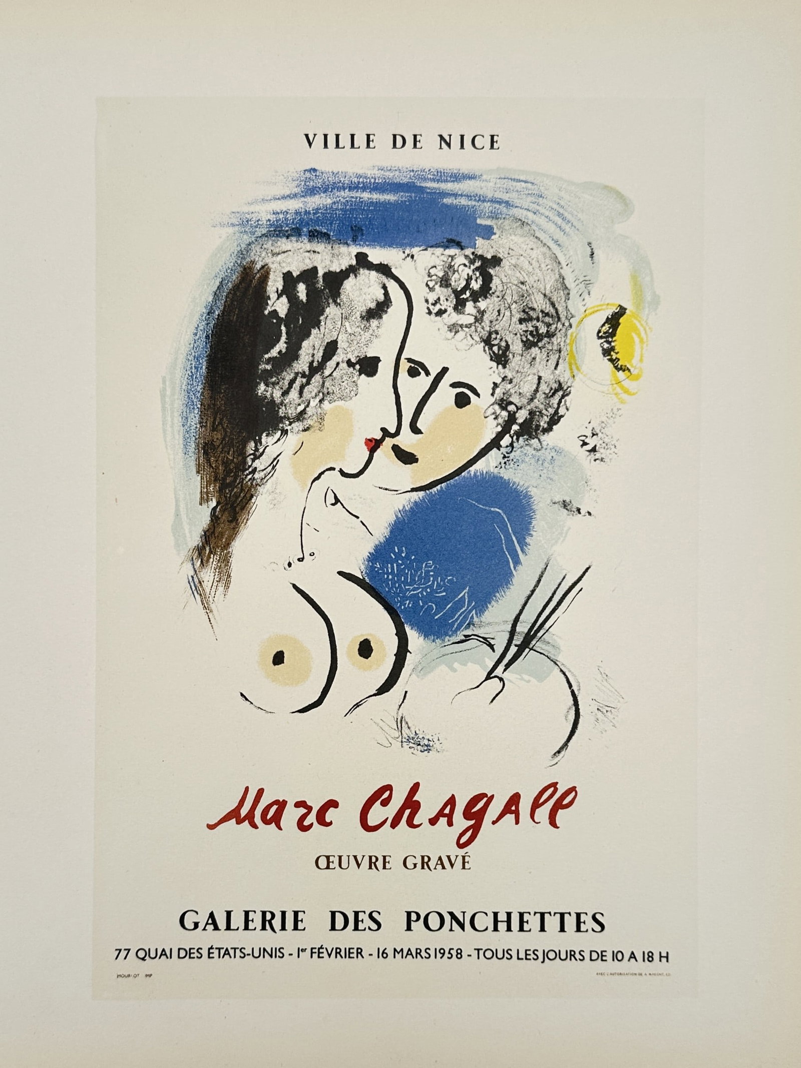 Marc Chagall, after – Poster for the Engraved Works at Galerie des Ponchettes – Lithograph: "Ville de Nice, Marc Chagall, Œuvre Gravé" This work provides a visual study of a dreamlike, ethereal composition featuring a couple in an intimate embrace, set against a backdrop of vibrant blue an