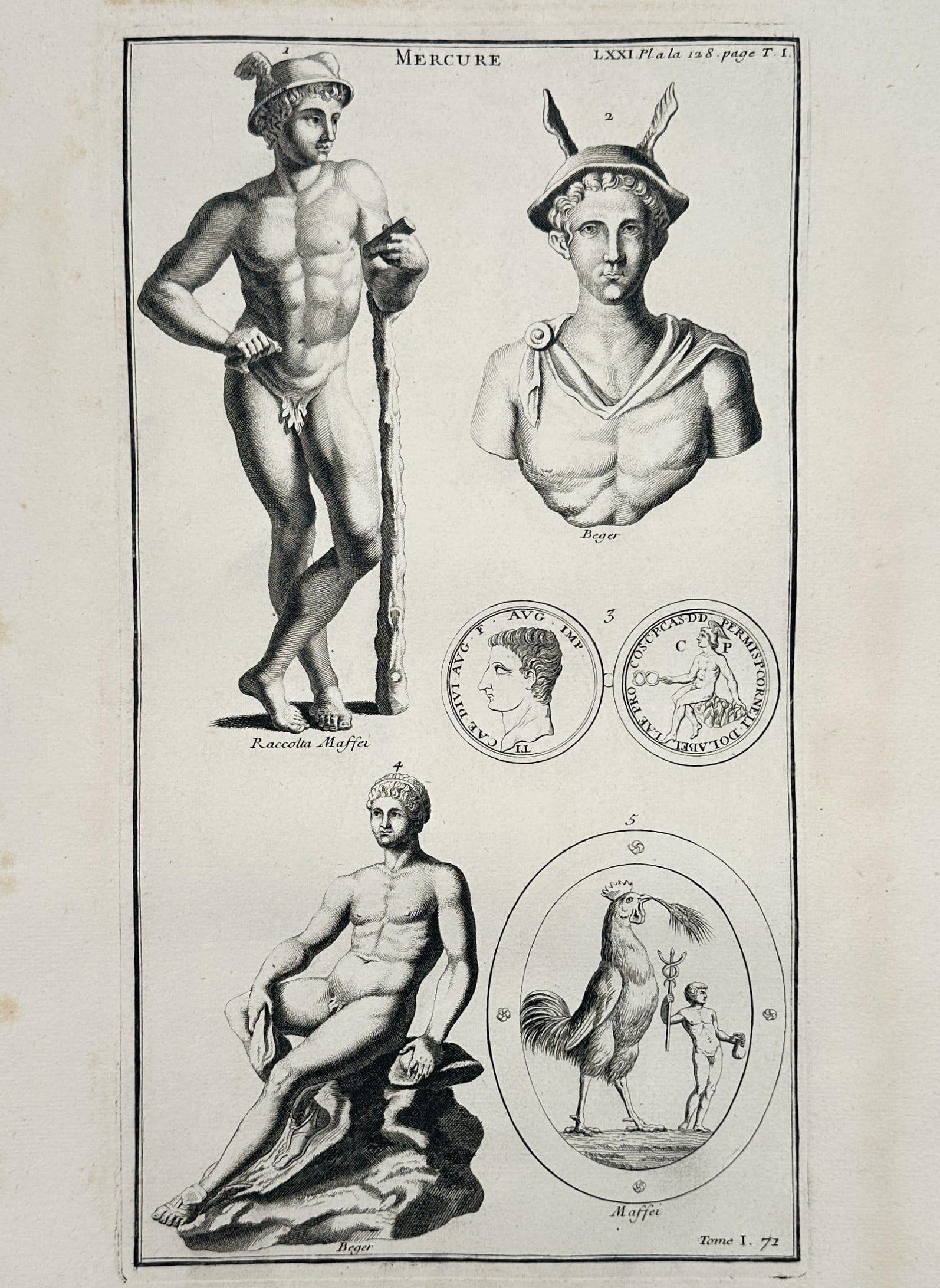 Bernard de Montfaucon (1655–1741) – Classical Representations of Mercury – Engraving (1719): "Mercure" This work provides a visual study of the various iconographic forms of Mercury, the messenger of the gods, featuring five distinct representations from notable 18th-century collections inclu