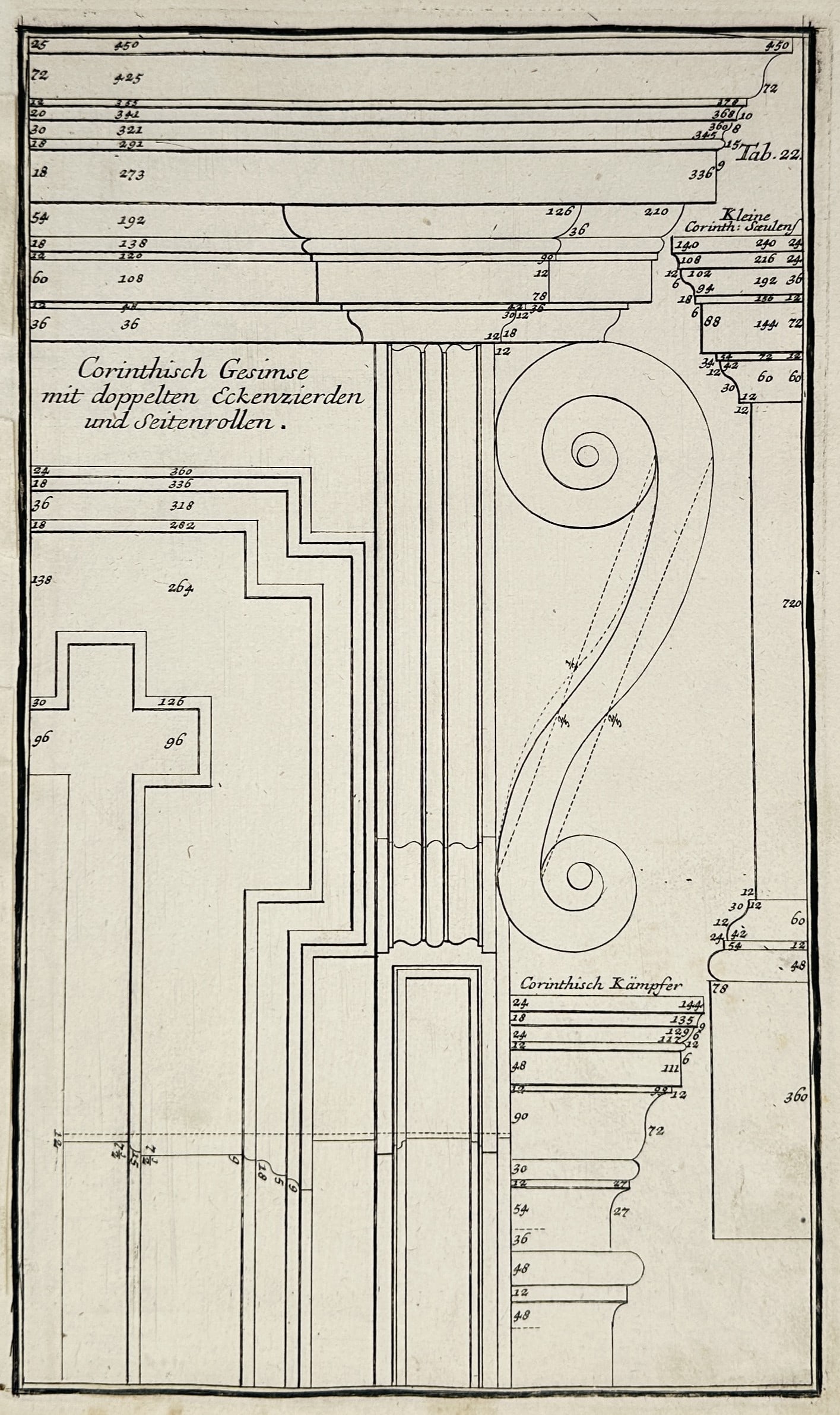Nikolaus Goldmann – Architectural Study of a Corinthian Cornice – Germany – Engraving (1696): "Corintisch Gesimse mit doppelten Eckenzierden und Seitenrollen." This work provides a technical architectural study of a Corinthian cornice, featuring a large ornamental scroll or volute alongside de