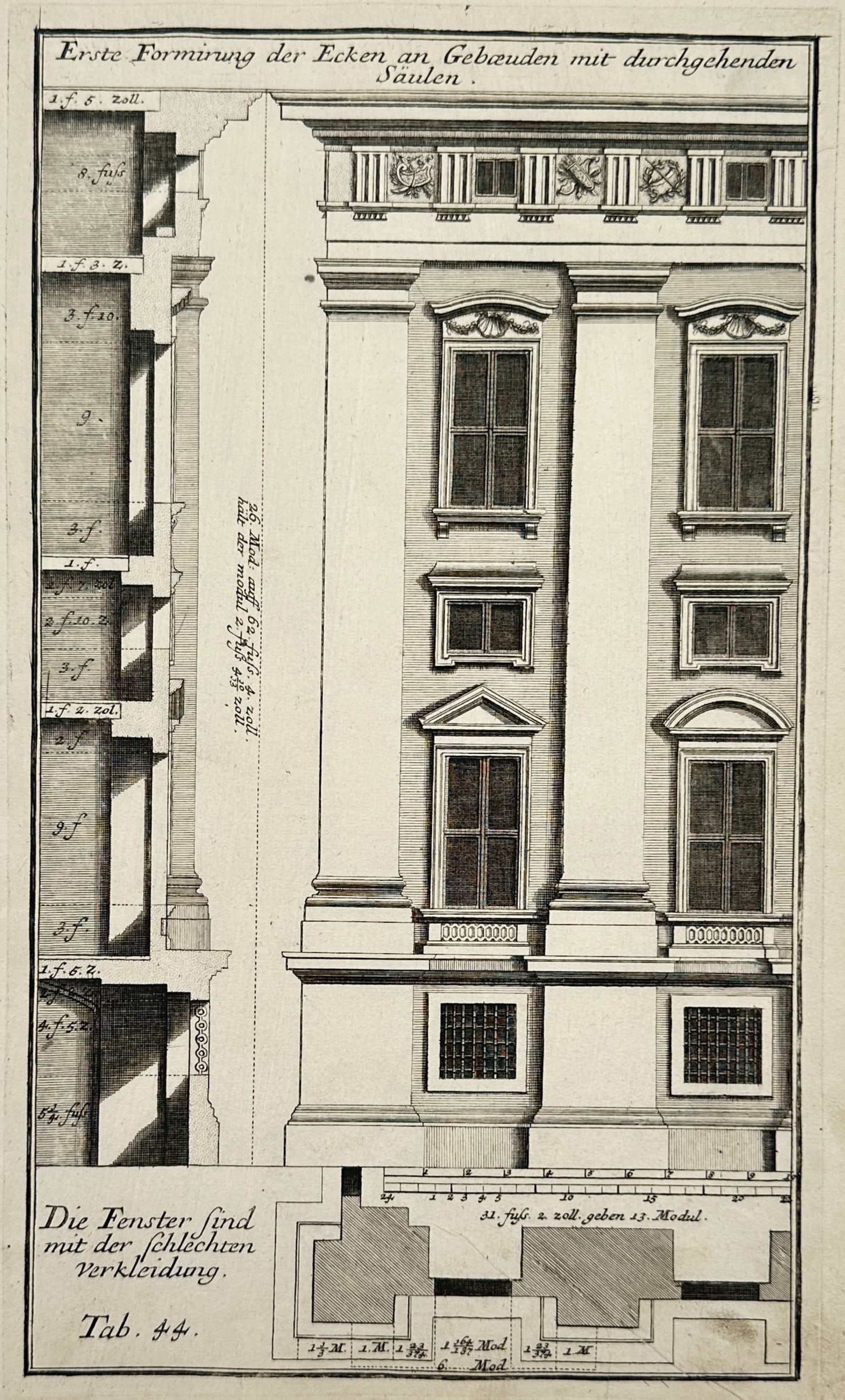 Nikolaus Goldmann – Architectural Study of a Building Corner and Facade – Germany – Engraving: "Erste Formirung der Ecken an Gebäuden mit durchgehenden Säulen." This work provides a technical architectural study of a building's corner (quoining) and facade, featuring a multi-story elevation w