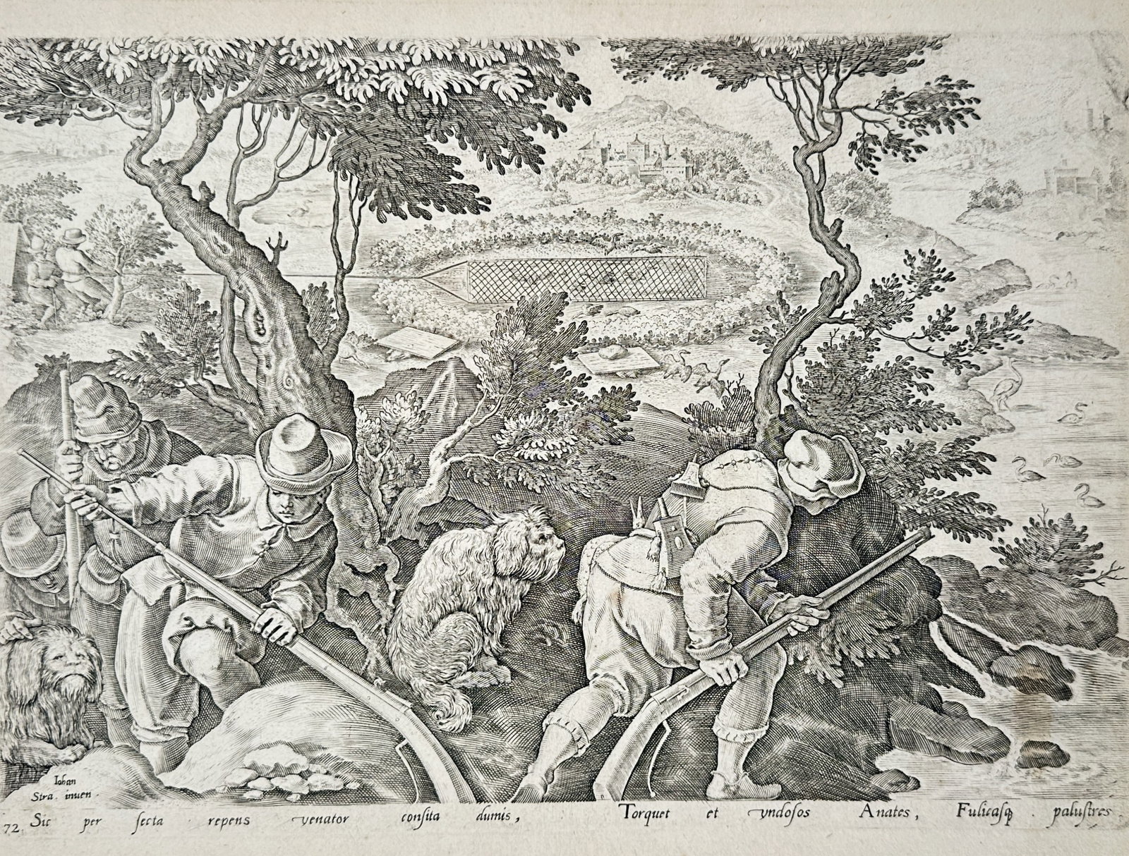 Johannes Stradanus (1523-1605) – Hunting Ducks and Coots with Firearms – Engraving (1578): "Sic per secta repens venator consita dumis" This engraving shows hunters and their dogs stealthily approaching waterfowl, including ducks and coots, along a riverbank using firearms. The work is a pl