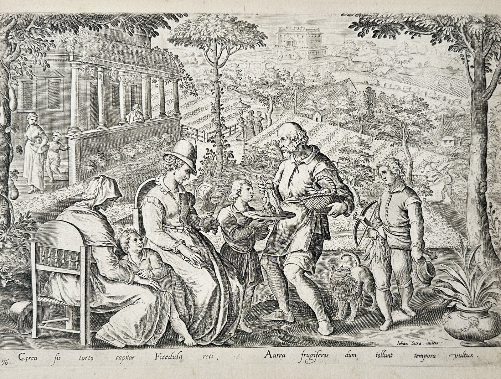 Johannes Stradanus (1523-1605) – Catching Fig-peckers with a Twisted Net – Engraving (1578): "Cerea sic torto capitur Ficedula reti" This engraving depicts a domestic scene where hunters present a catch of fig-peckers to a seated woman and children, while other figures work with nets in the b