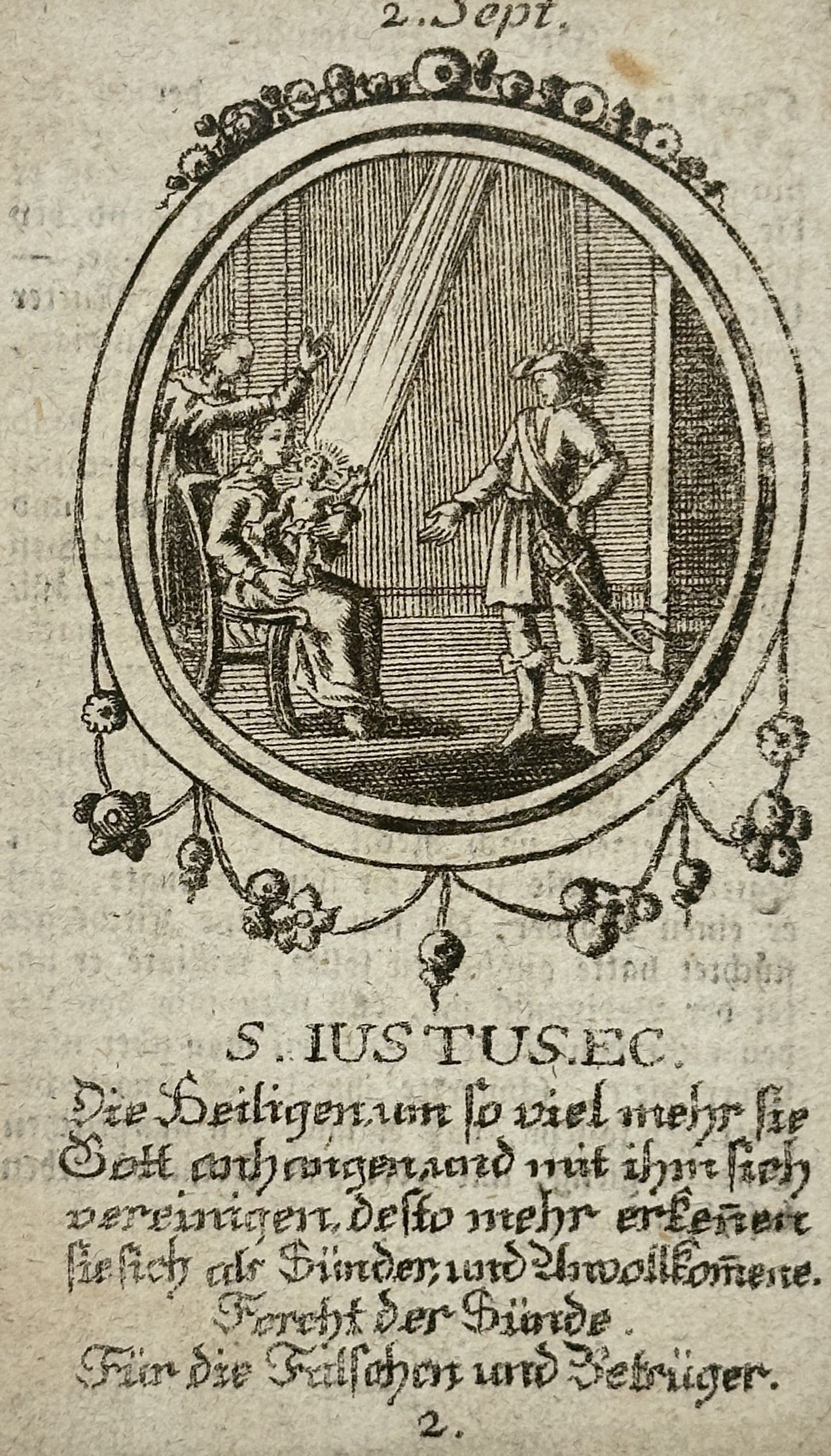 Franz Xavier Weninger (1805–1888) – Saint Justus – Engraving (19th Century): "S. Iustus Ec. Die Heiligen um so viel mehr sie Gott anhangen und mit ihm sich vereinigen, desto mehr erkennen sie sich als Sünder, und Unvollkomene. Furcht der Sünde. Für die Falschen und Betrüge