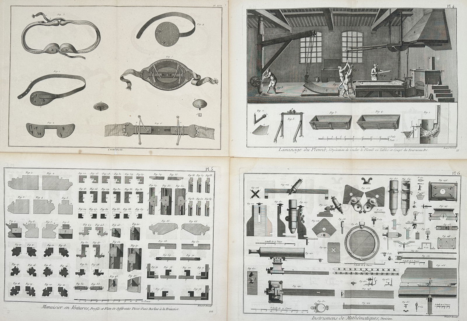 Robert Benard (1734–1777) – Set of 4: Technical Studies of Industry, Carpentry, and Science: "Chirurgie. Laminage du Plomb. Menuisier en Voitures. Instrumens de Mathématiques." This set of four engravings documents various technical and industrial advancements of the late eighteenth century,