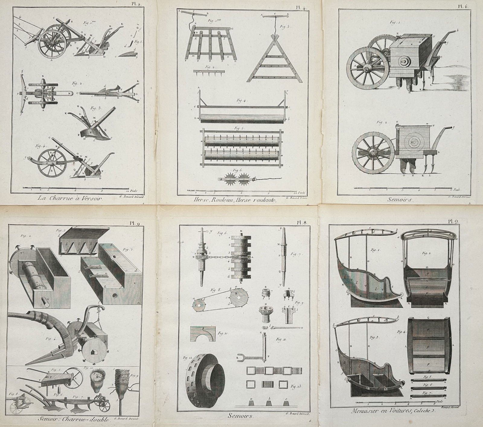 Robert Benard (1734–1777) – Set of 6: Industrial and Agricultural Engineering – Engraving: "La Charrue à Versoir. Herse, Rouleau, Herse roulante. Semoirs. Semoir; Charrue-double. Menuisier en Voitures, Calèche." This set of six engravings provides a systematic documentation of Enlightenme