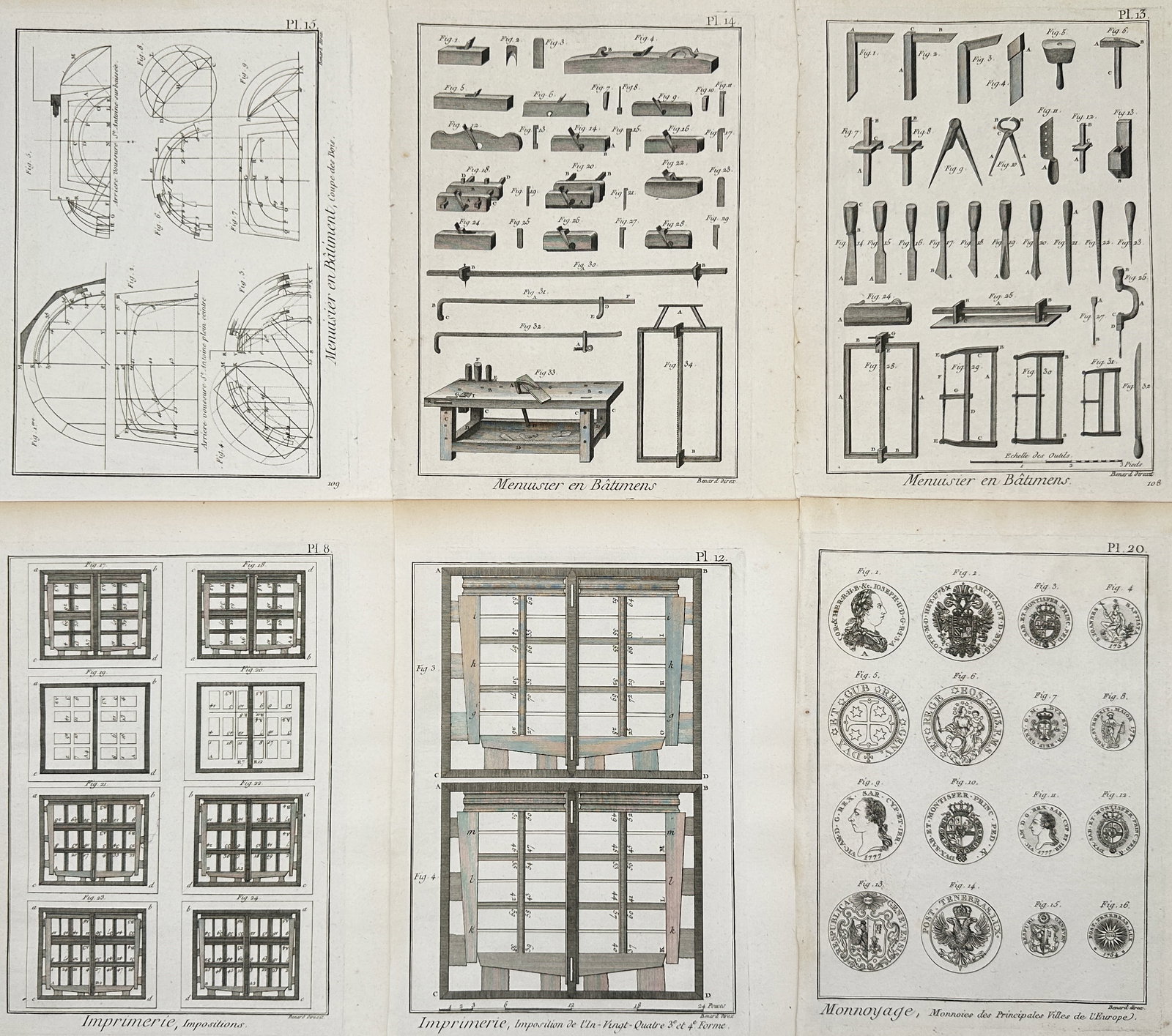 Robert Benard – Set of 6: Technical Studies of Carpentry, Printing, and Numismatics – Engraving: "Menuisier en Bâtiment. Imprimerie. Monnoyage." This set of six engravings documents various specialized crafts and industrial processes of the late eighteenth century, including architectural carpen
