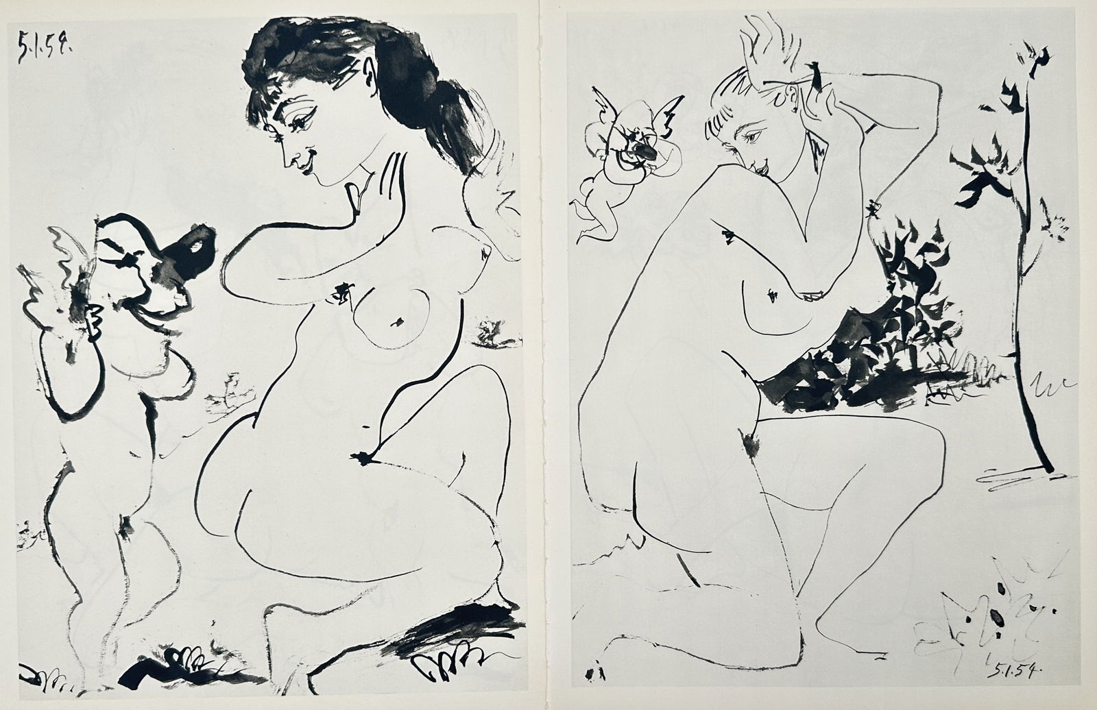 Pablo Picasso (1881–1973), after – Set of 2: Studies of Nude and Cupid – Offset print (20th: "Suite de la Comédie Humaine." This set of two plates depicts a kneeling female nude in dialogue with a playful cupid-like figure, a motif that Picasso frequently utilized to explore themes of love,