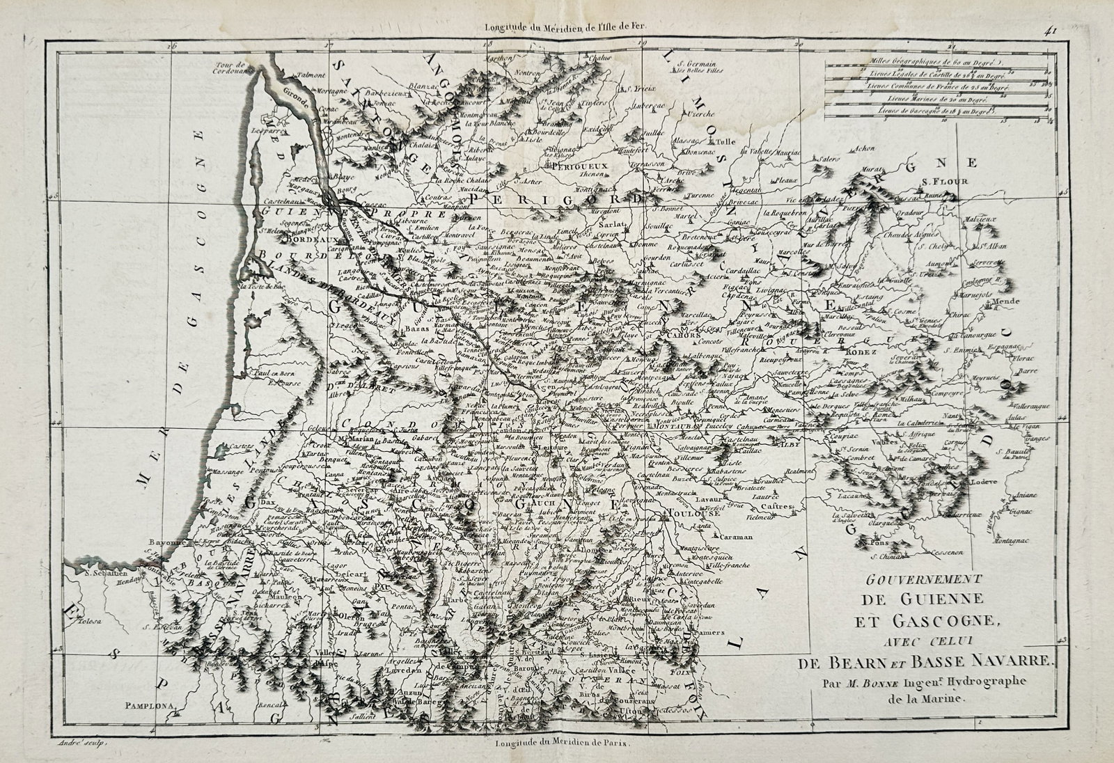 Rigobert Bonne (1727–1794) – Map of Guyenne and Gascony – France – Engraving (1780): "Gouvernement de Guienne et Gascogne avec celui de Bearn et Basse Navarre." This engraving provides a detailed topographical survey of southwestern France, focusing on the historical provinces of Guye