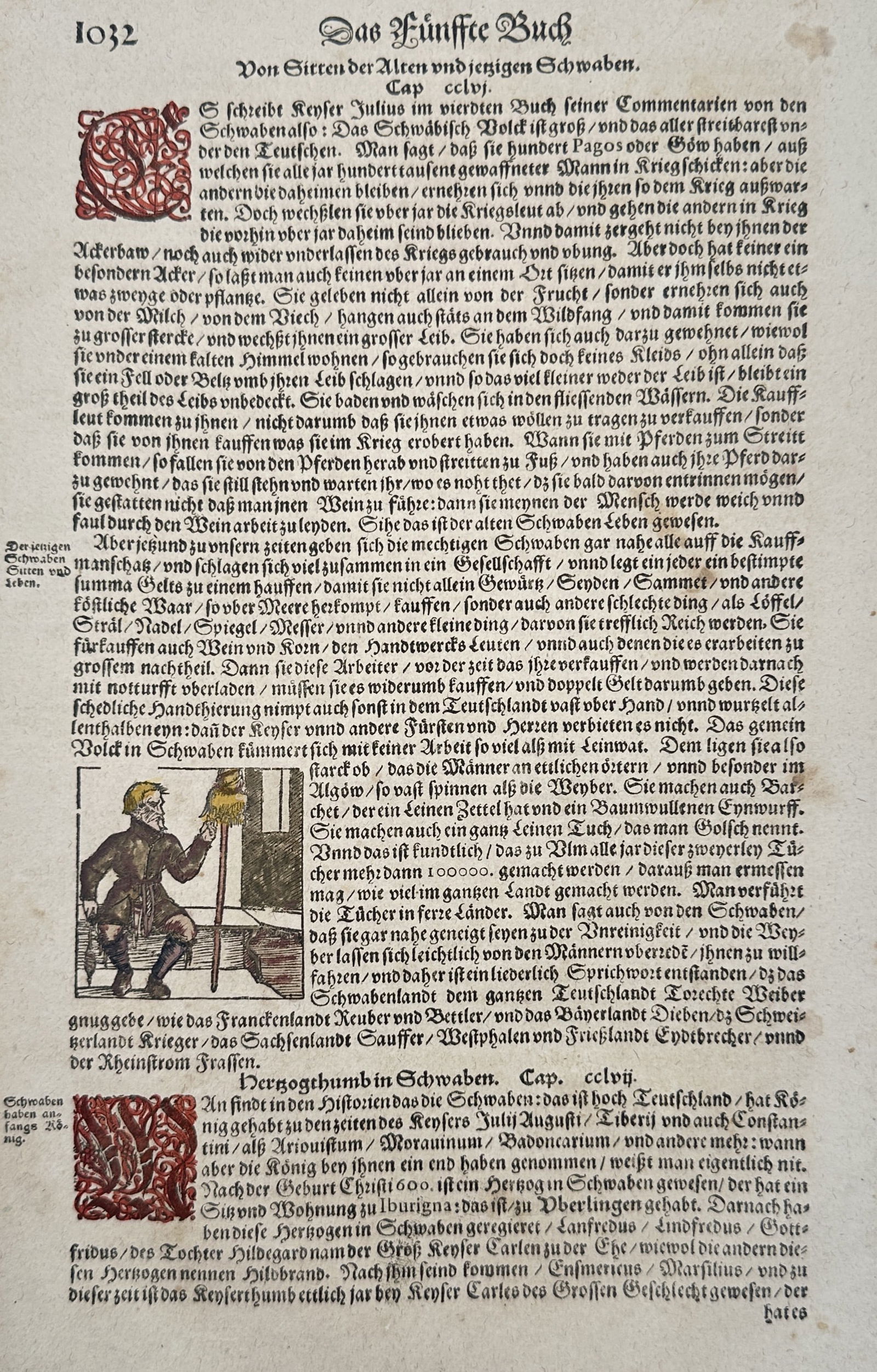 Sebastian Münster (1488-1552) – View of Customs of the Swabians – Hand-coloured woodcut (1550): "Von Sitten der Alten vnd ietzigen Schwaben" is a hand-coloured woodcut featuring a small illustration of a Swabian figure alongside German Fraktur text and decorative red initials. This page is a lea