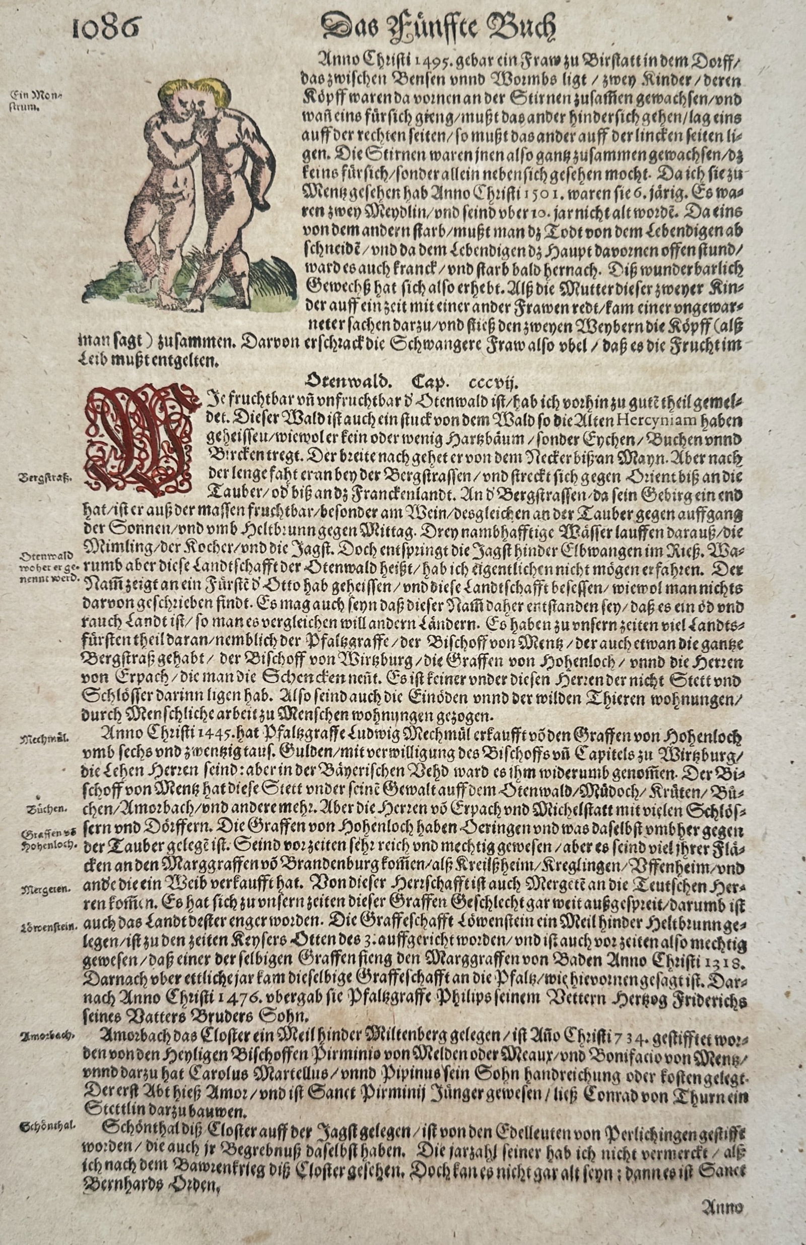 Sebastian Münster (1488-1552) – View of Conjoined Twins and the Odenwald: "Ein Monstrum" is a hand-coloured woodcut illustrating conjoined twins, accompanied by German Fraktur text describing this occurrence and the geography of the Odenwald region. This leaf is from the Co