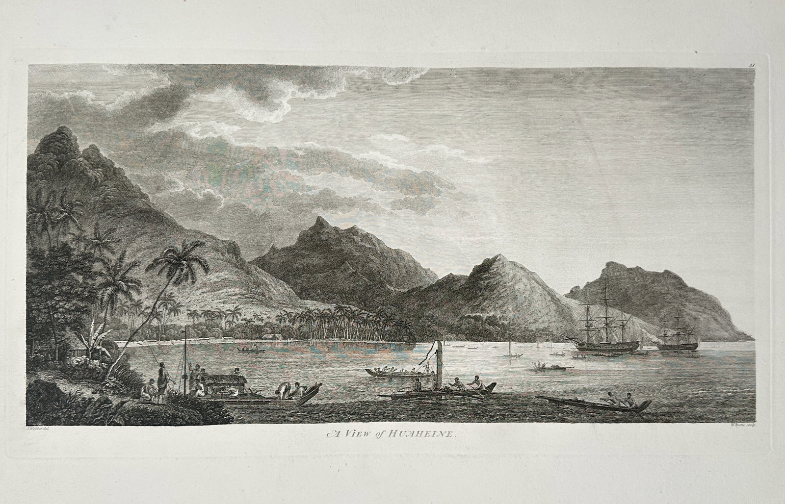 John Webber (1751-1793) – View of Huahine – Copperplate engraving (1784): "A View of Huaheine" is a copperplate engraving depicting a panoramic coastal scene of the island of Huahine in the Society Islands, featuring mountainous terrain, palm-fringed shores, and several ind