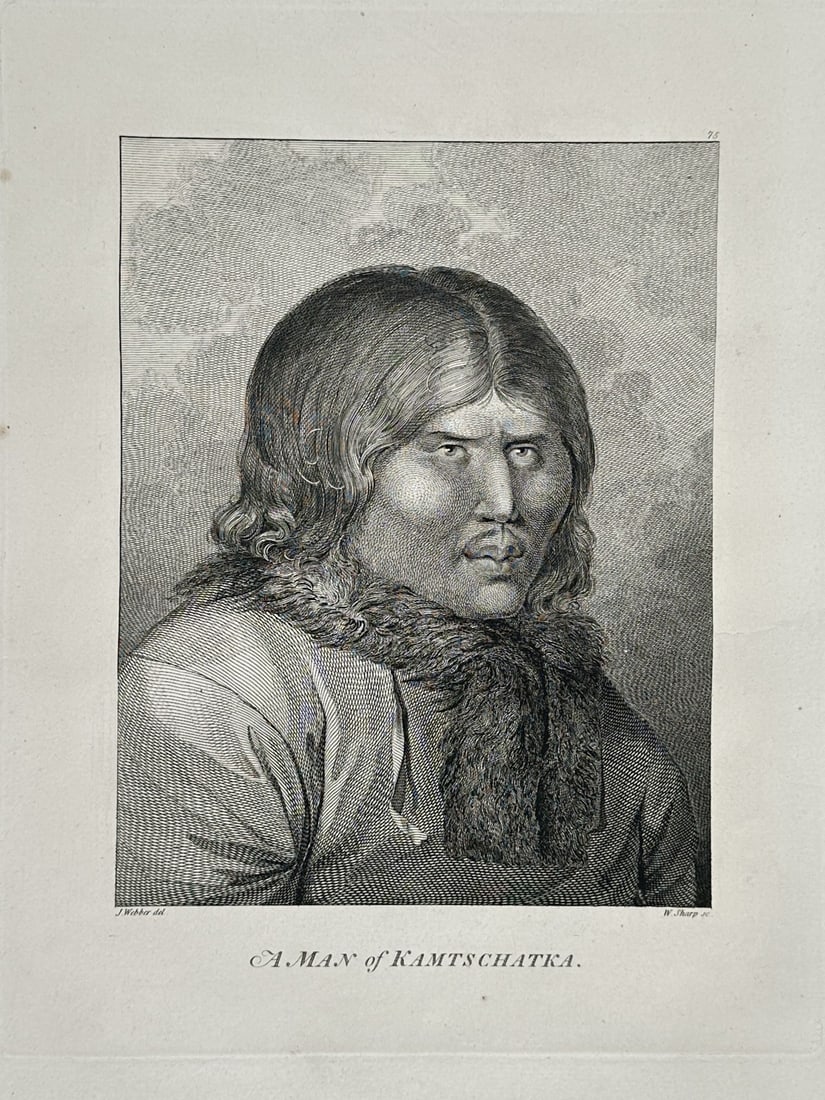 John Webber (1751-1793) – Portrait of Ethnographic Study: A Man of Kamtschatka: "A Man of Kamtschatka" is a copperplate engraving featuring a detailed portrait of an indigenous Kamchadal man wearing a traditional fur-trimmed garment. This work was published in London as part of t