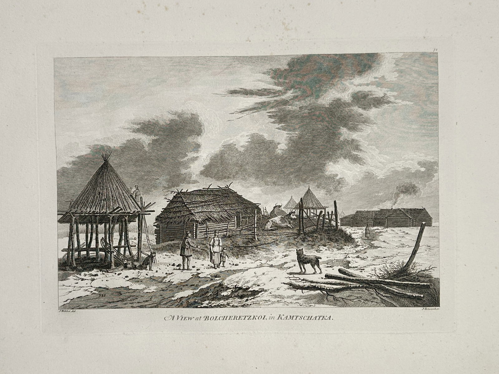 John Webber (1751-1793) – View of Bolcheretzkoi in Kamtschatka – Copperplate engraving: "A View at Bolcheretzkoi, in Kamtschatka" is a copperplate engraving depicting a rural settlement on the Kamchatka Peninsula, featuring traditional timber and thatched dwellings, local inhabitants, an