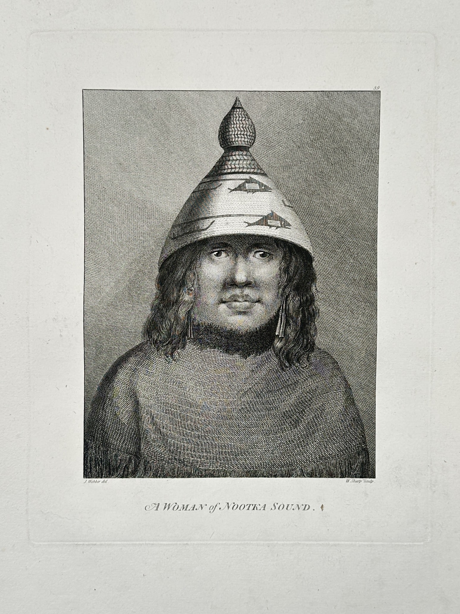 John Webber (1751-1793) – Portrait of Ethnographic Study: A Woman of Nootka Sound: "A Woman of Nootka Sound" is a copperplate engraving featuring a detailed portrait of an indigenous Mowachaht woman of Vancouver Island wearing a traditional cedar bark cloak and a conical woven hat d