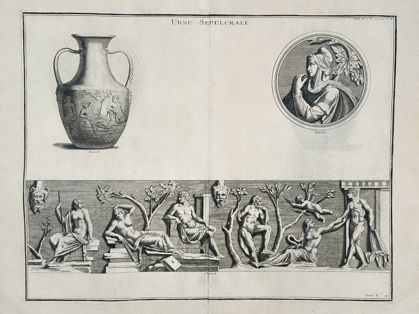 Bernard de Montfaucon (1655–1741) – Sepulchral Urn and Bas-Relief – Copperplate engraving (1 of 2)