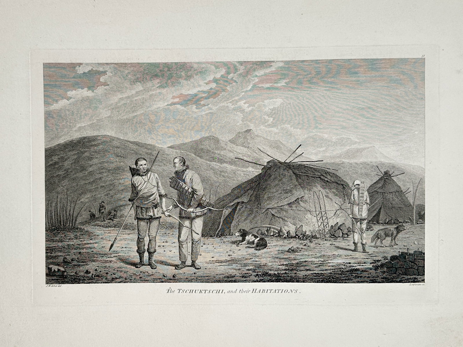 John Webber (1751-1793) – View of the Chukchi people and their habitations – Large Folio: "The Tschuktschi, and their Habitations" The engraving illustrates members of the Chukchi people standing before their conical skin tents in a mountainous landscape, with figures holding bows and arro