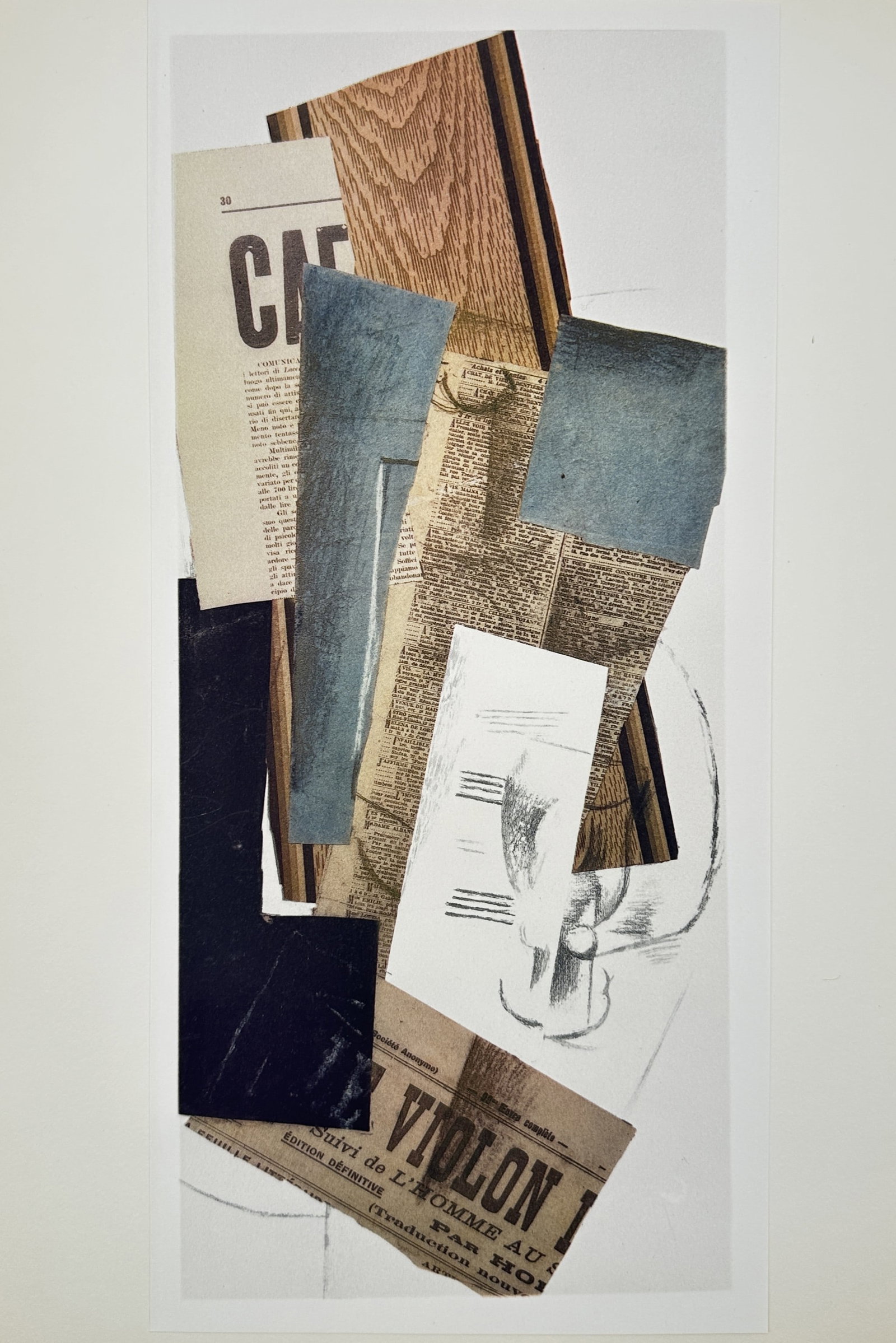 Georges Braque,after– Glass, Carafe and Newspapers (Composition #2) – Offset print (20th: This offset print features an arrangement of overlapping elements including faux wood grain, newspaper clippings with the words "VIOLON" and "CAFÉ," and charcoal-style sketches of a glass. Georges Br