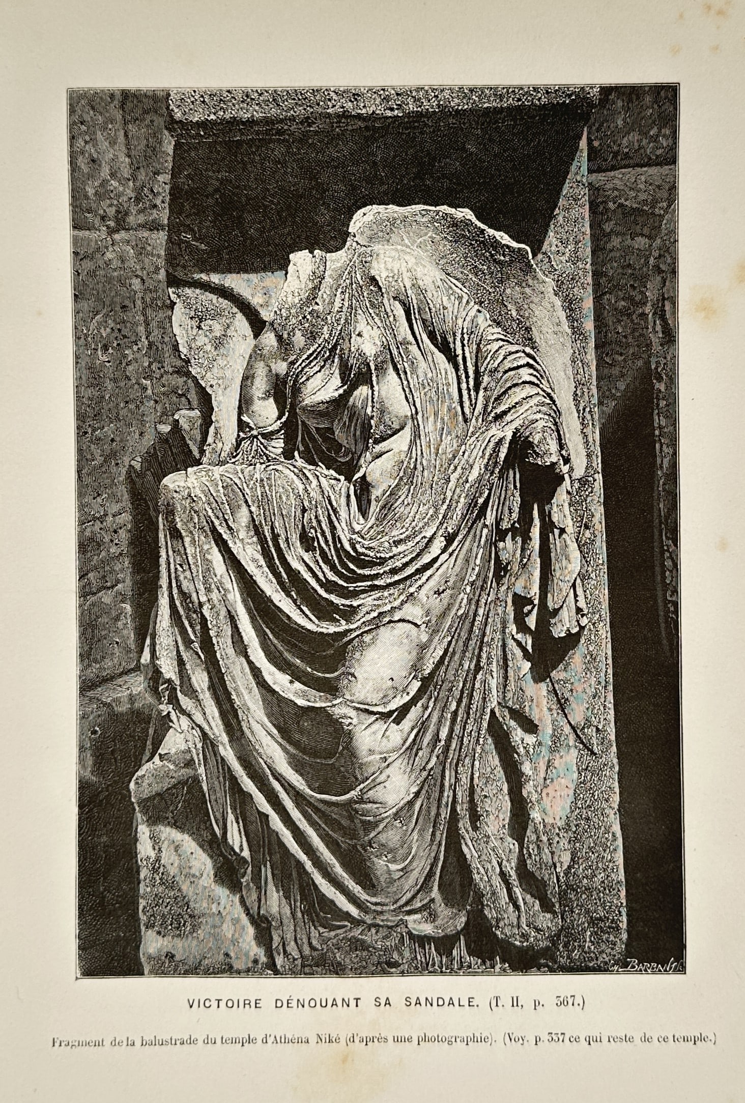 Victor Duruy (1811–1894) – View of Nike Adjusting Her Sandal – Wood engraving (c. 1880s): "Victoire Dénouant sa Sandale" This wood engraving illustrates the famous marble relief of Nike (Victory) from the parapet of the Temple of Athena Nike on the Acropolis of Athens. The figure is celeb