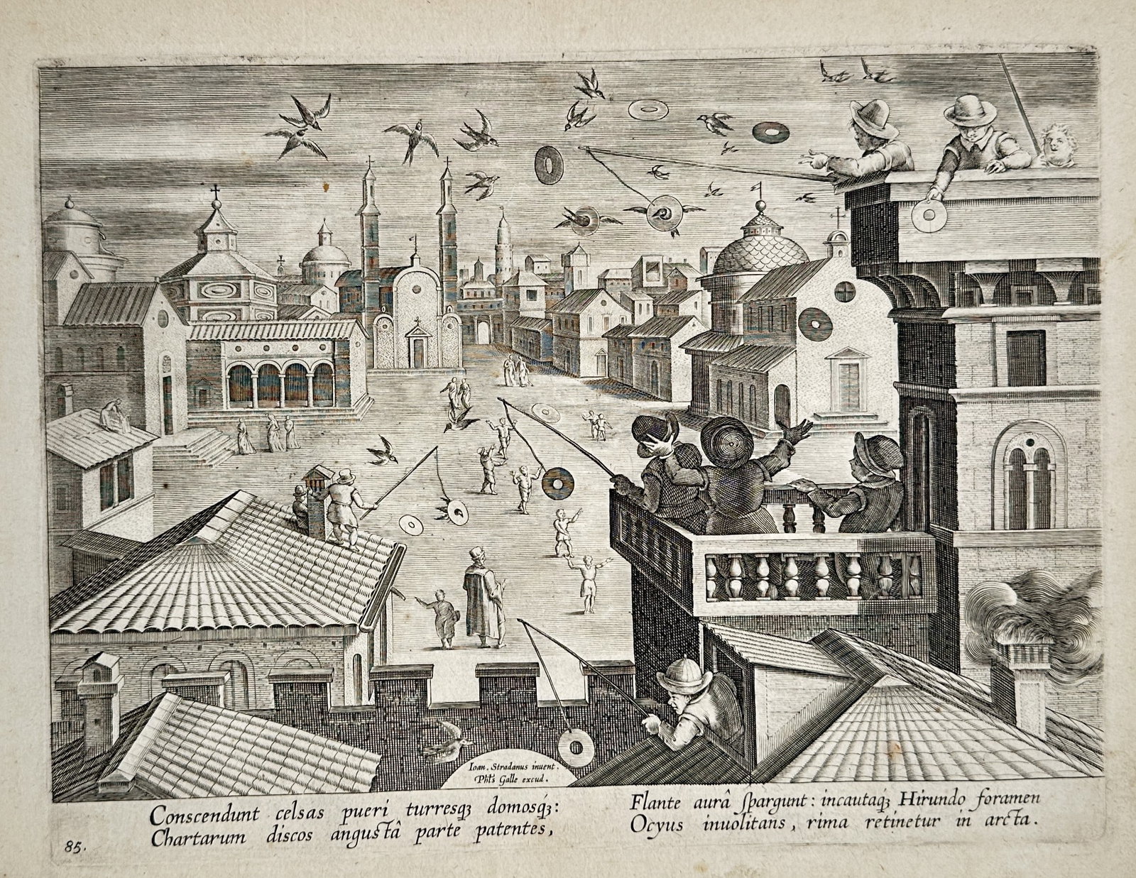 Johannes Stradanus (1523–1605) – View of boys hunting swallows with paper discs – Engraving: "Conscendunt celsas pueri turresq domosq..." This engraving illustrates a group of boys on rooftops and balconies in a Renaissance city, using paper discs and poles to catch swallows in mid-air. The L