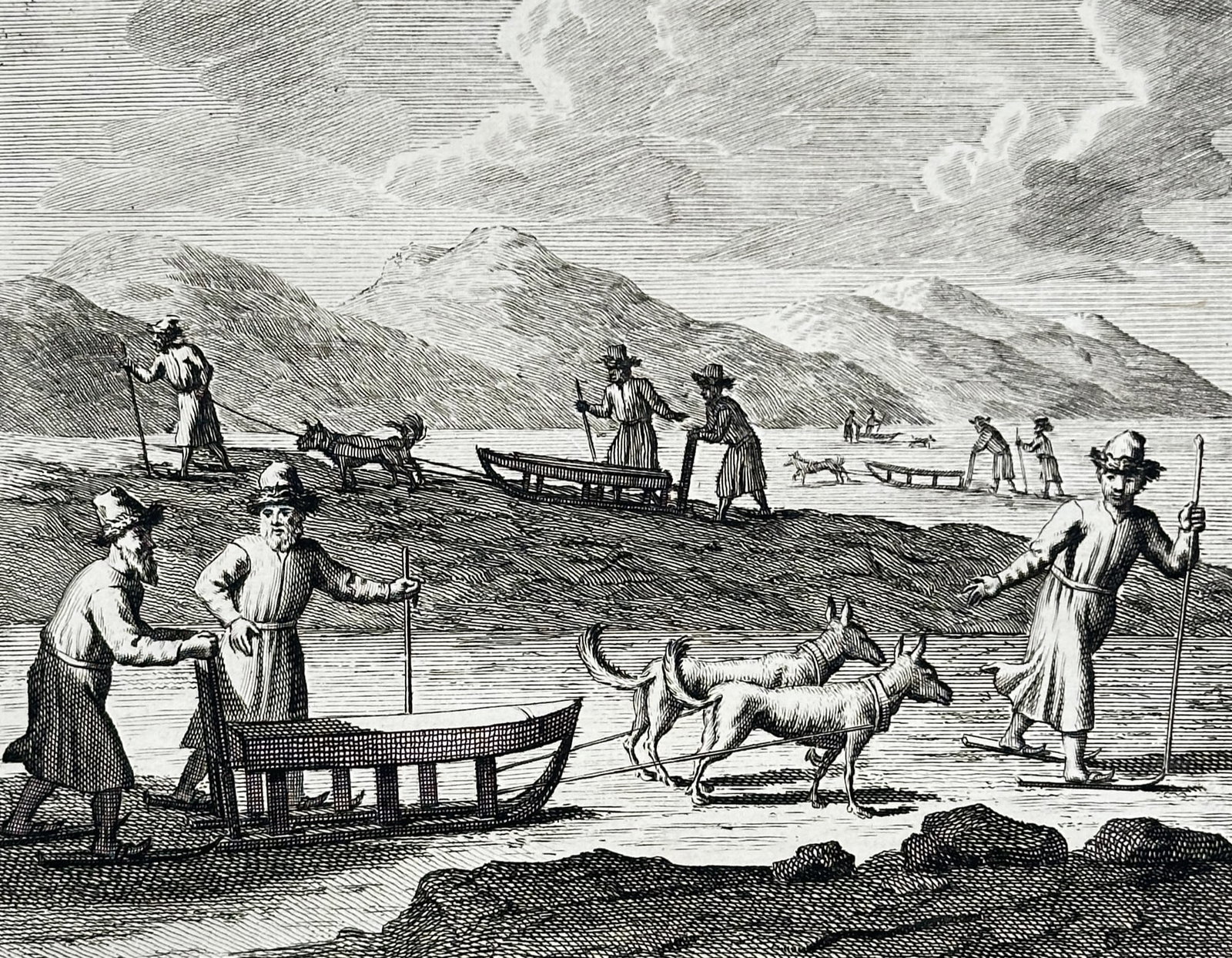 Cornelis de Bruijn (1652–1727) – View of travelers with dog sleds in Muscovy – Engraving (1 of 3)