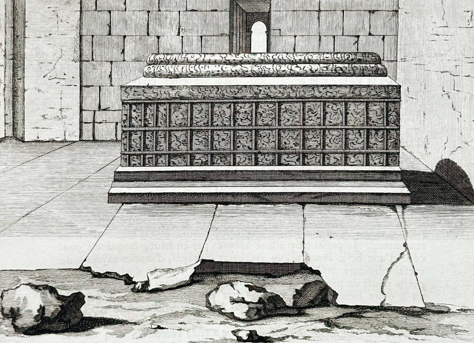 Cornelis de Bruijn (1652–1727) – View of a monumental tomb in Persia – Engraving (1718): "De Corneille Le Brun" This engraving illustrates a highly decorated rectangular stone sarcophagus or tomb located within a vaulted chamber, featuring intricate relief carvings along its sides. The ac