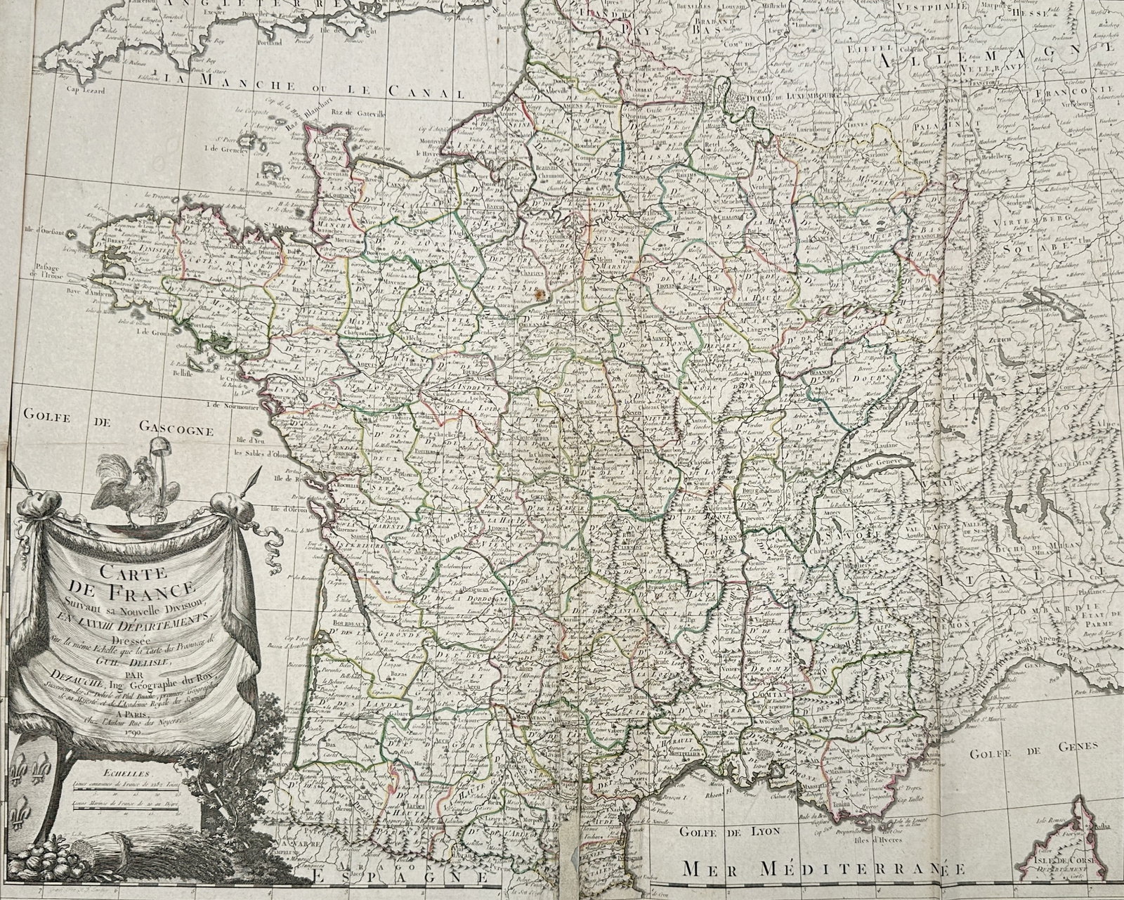 Jean-Claude Dezauche – Map of France divided into 83 Departments – Hand-coloured engraving (1 of 3)